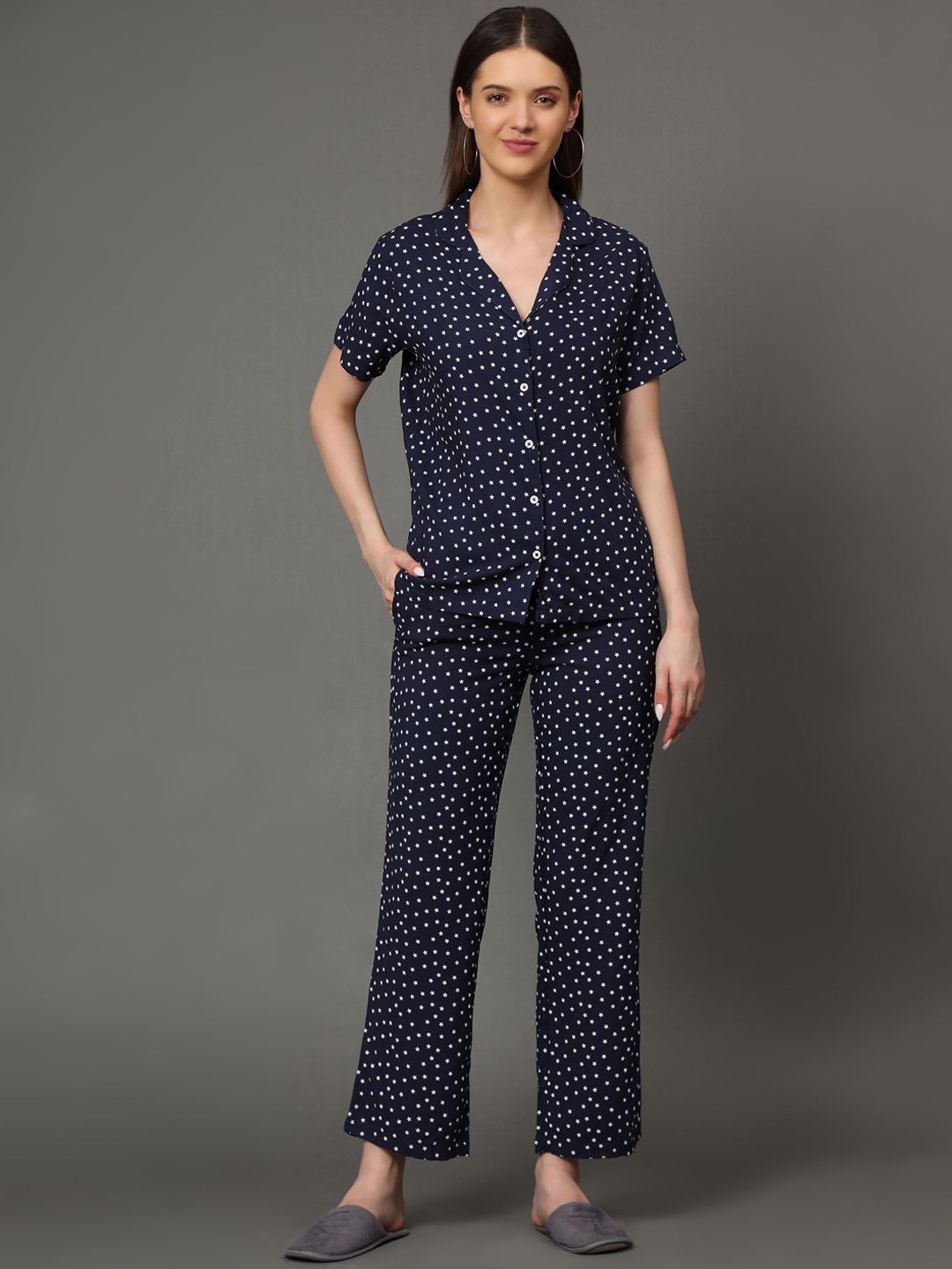 BStories Women Navy Blue Printed Night suit Price in India