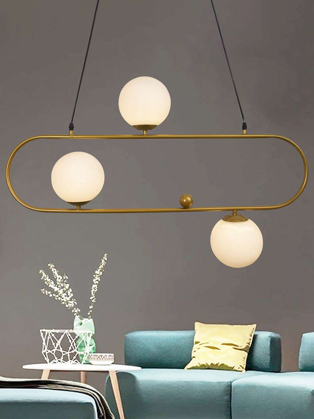 Homesake Gold Toned April in Paris Oval Chandelier with White Frosted Glass Ceiling Lamp Price in India