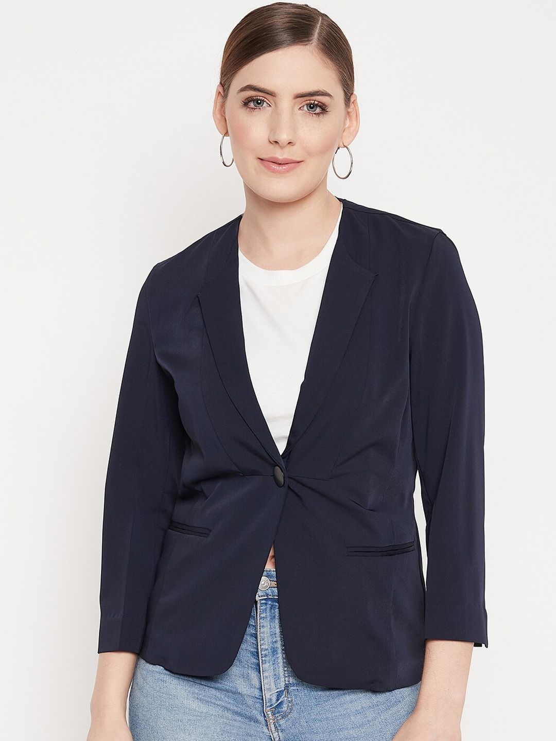 Madame Women Navy Blue Solid Blazer Price in India