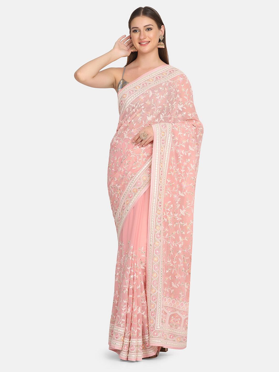 BOMBAY SELECTIONS Peach-Coloured & Green Kalamkari Embroidered Pure Georgette Saree Price in India