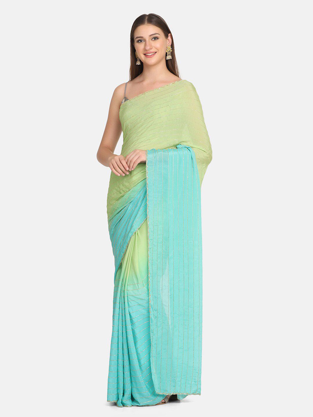 BOMBAY SELECTIONS Green & Blue Striped Pure Silk Saree Price in India