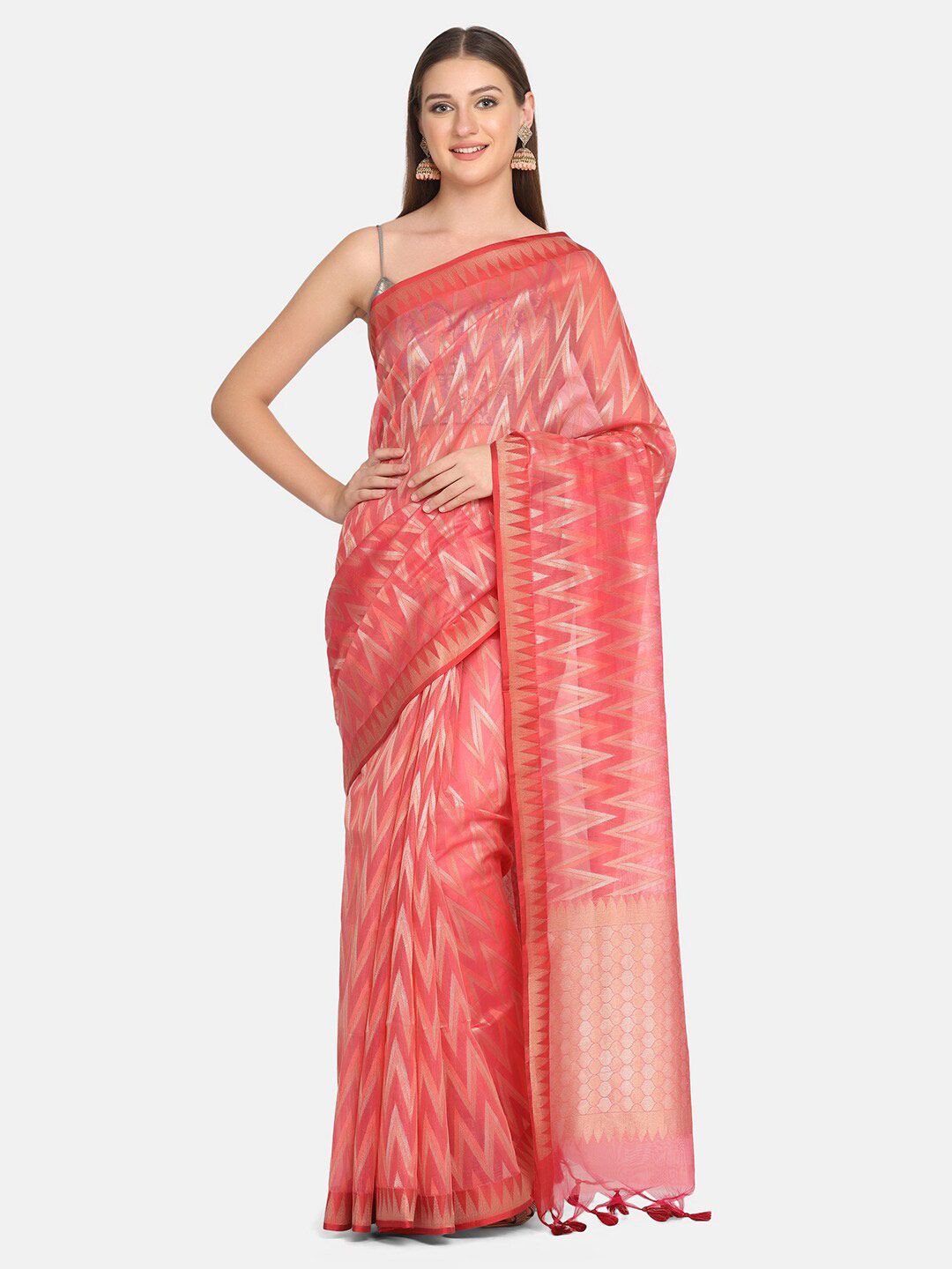 BOMBAY SELECTIONS Pink & Gold-Toned Zari Organza Banarasi Saree Price in India