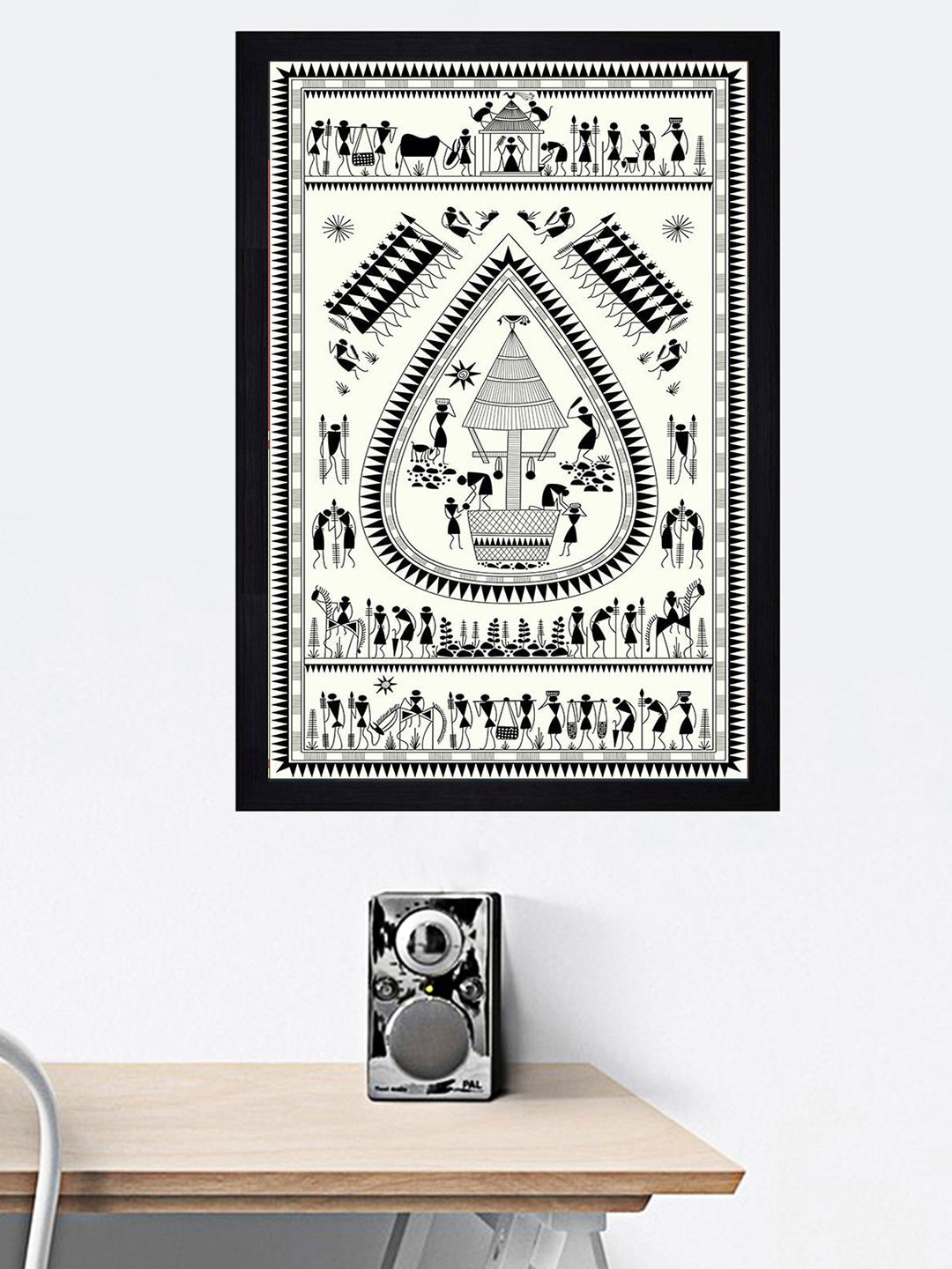 Gallery99 Unisex White & Black Hand Painted Warli Art Texture Paper Framed Wall Art Price in India