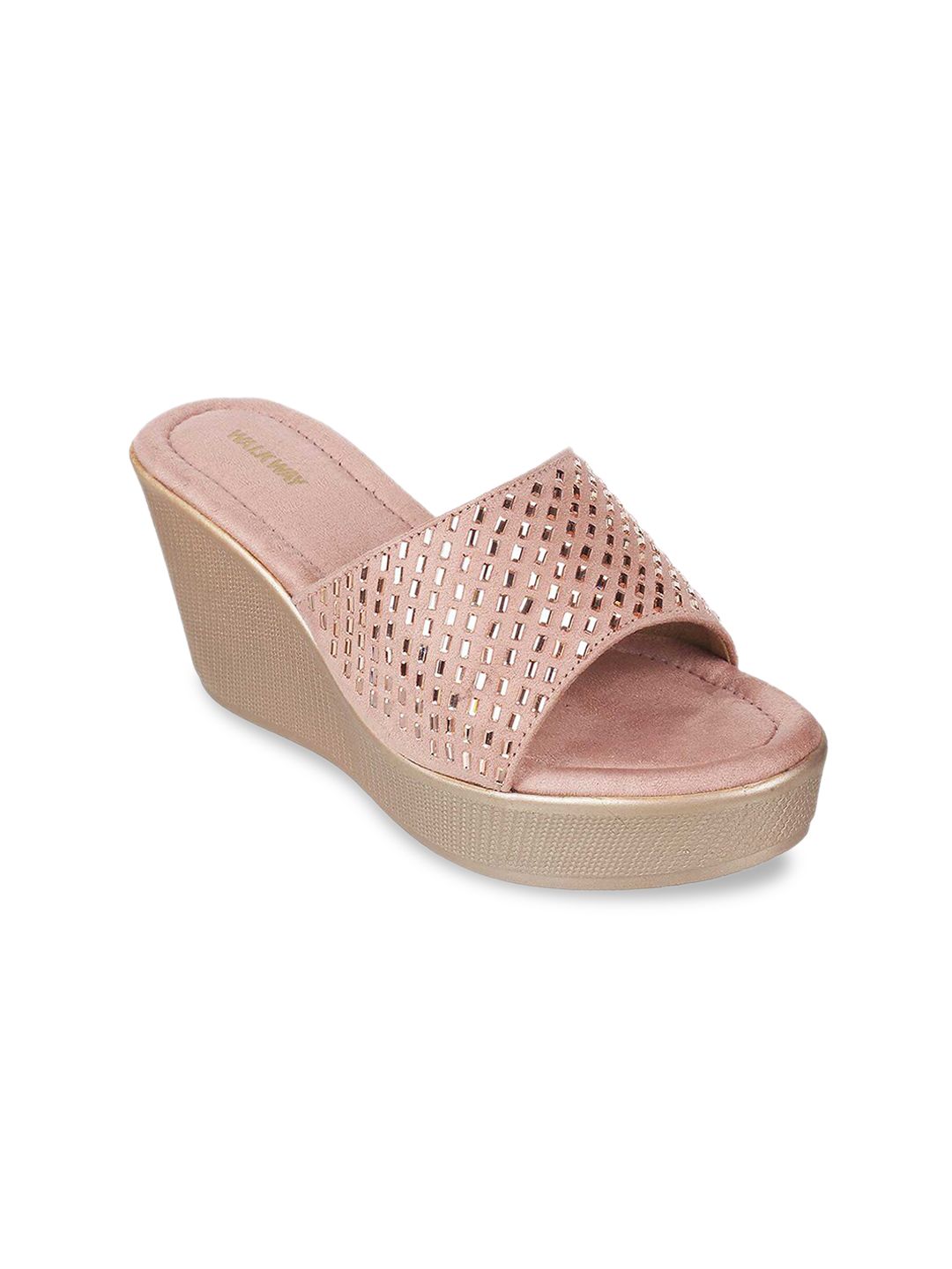 WALKWAY by Metro Peach-Coloured Textured Wedge Mules with Laser Cuts Price in India