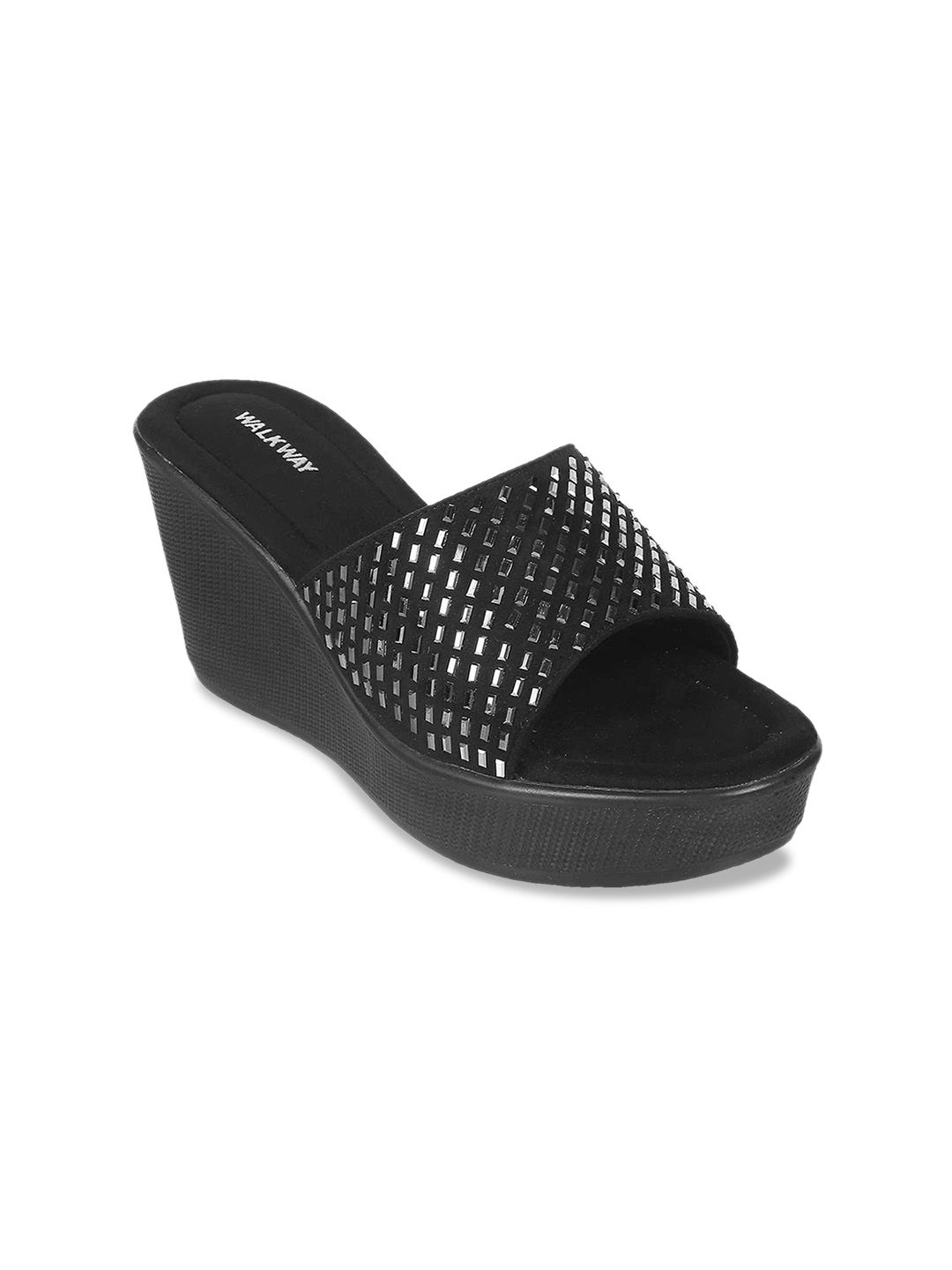 WALKWAY by Metro Black Textured Wedge Sandals Price in India