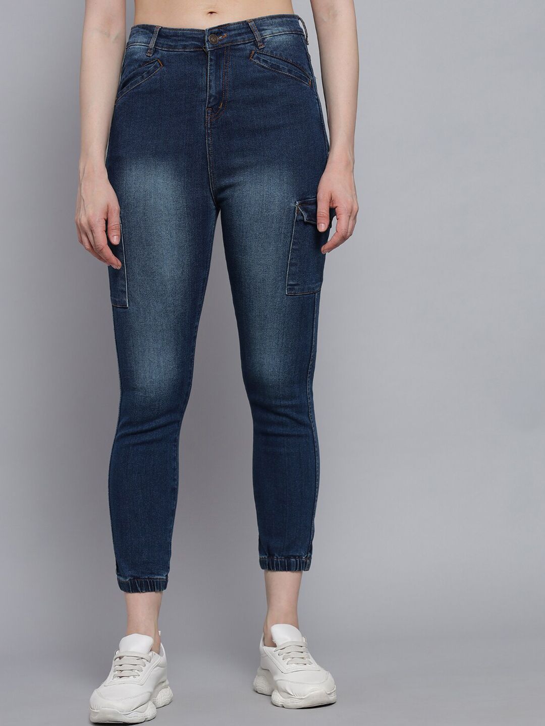 Q-rious Women Blue Jogger High-Rise Low Distress Light Fade Stretchable Jeans Price in India