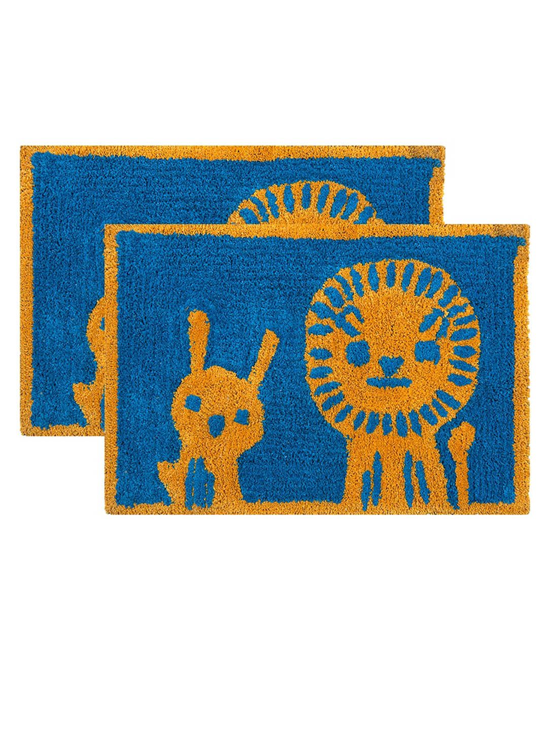 AAZEEM Set Of 2 Blue & Yellow Printed Anti-Skid Doormats Price in India
