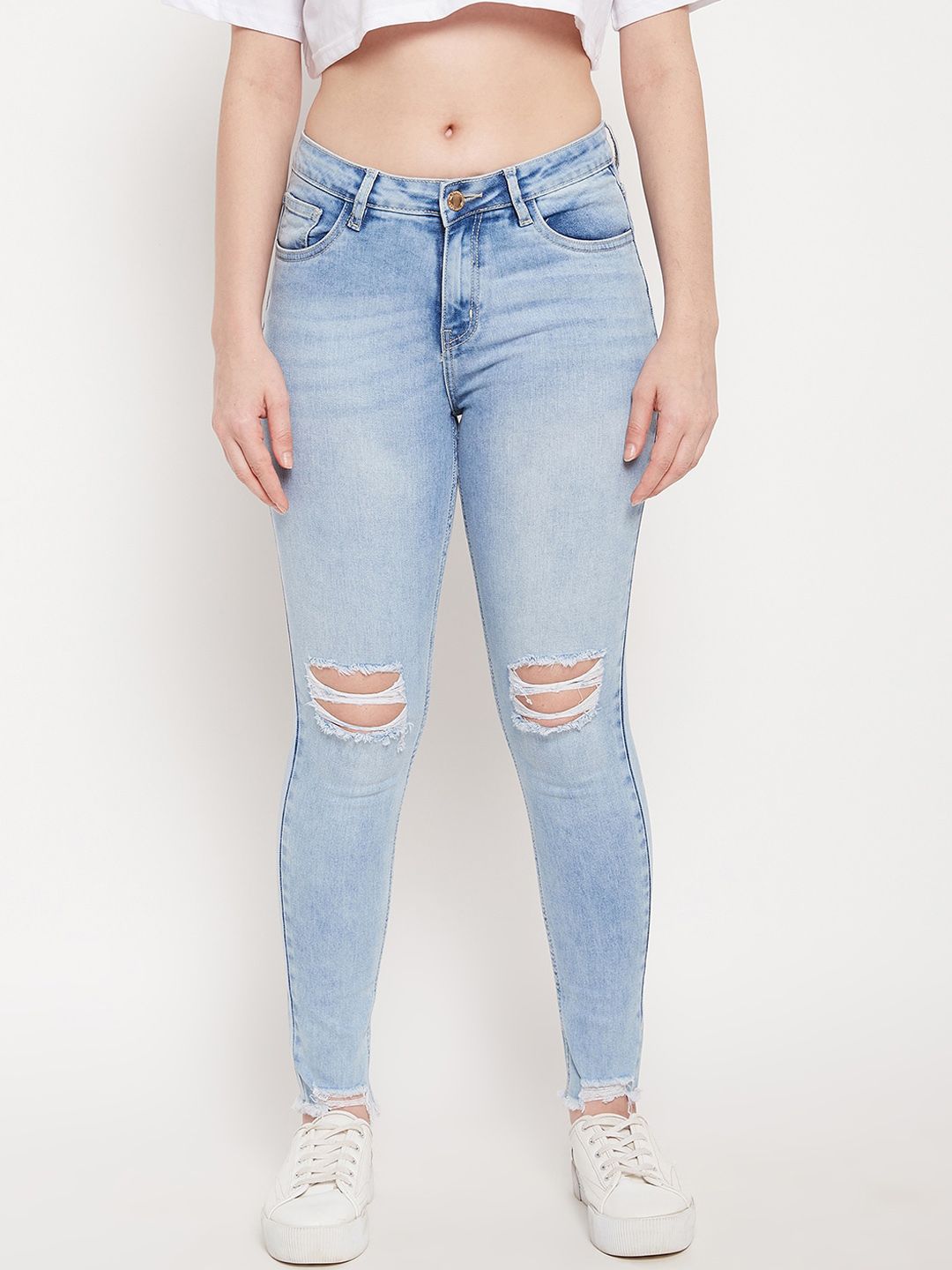 Madame Women Blue Skinny Fit Mildly Distressed Heavy Fade Jeans Price in India