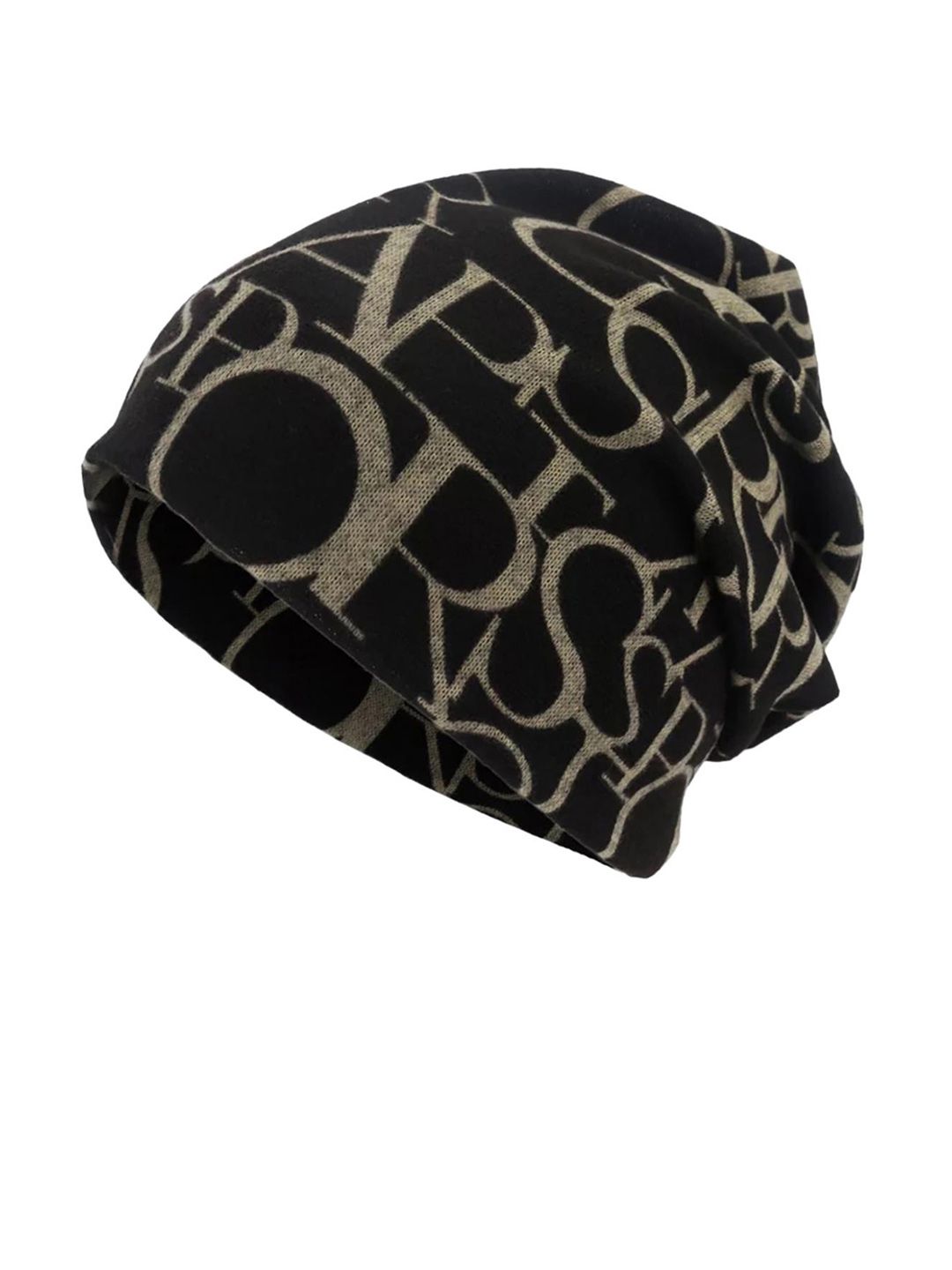 YOUSTYLO Unisex Black & Gold-Toned Printed Cotton Beanie Cap Price in India