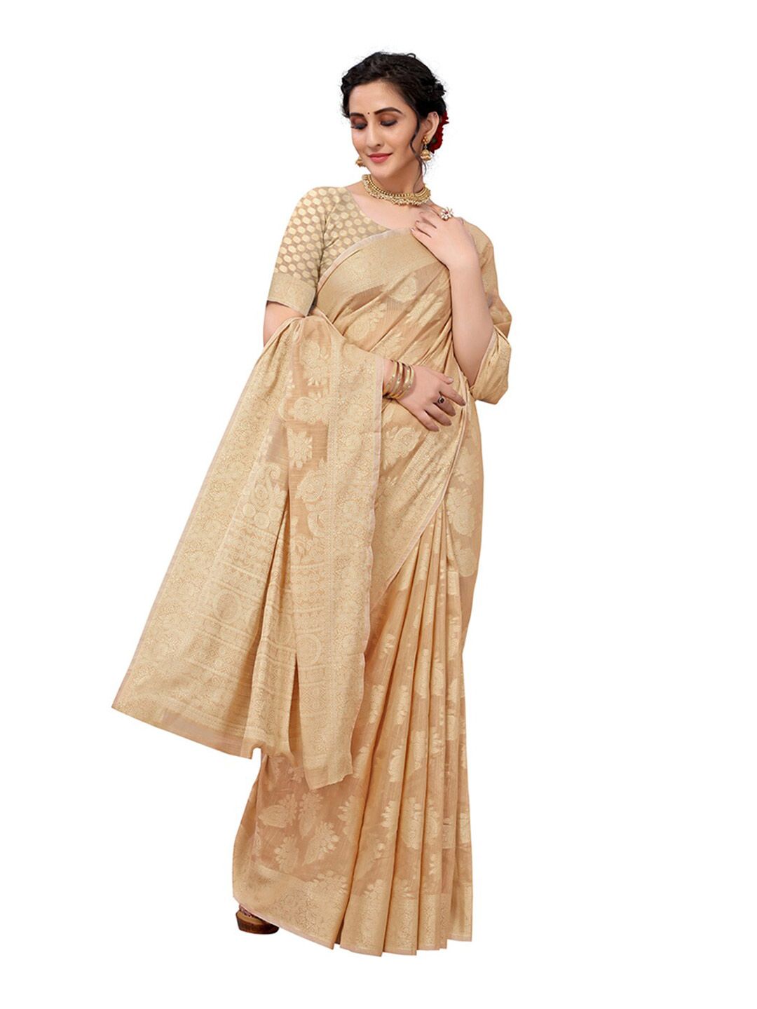 Pisara Beige & Gold-Toned Woven Design Silk Cotton Saree