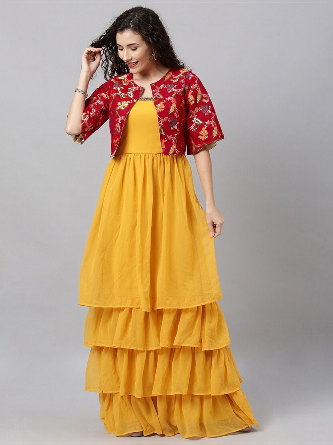 EthnoVogue Yellow & Maroon Layered Georgette Ethnic Maxi Dress With Jacket Price in India
