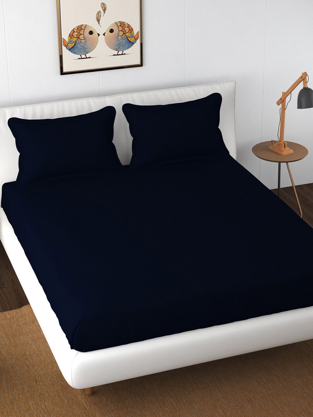 Florida Navy Blue 300 TC Fitted Pure Cotton King Bedsheet with 2 Pillow Covers Price in India