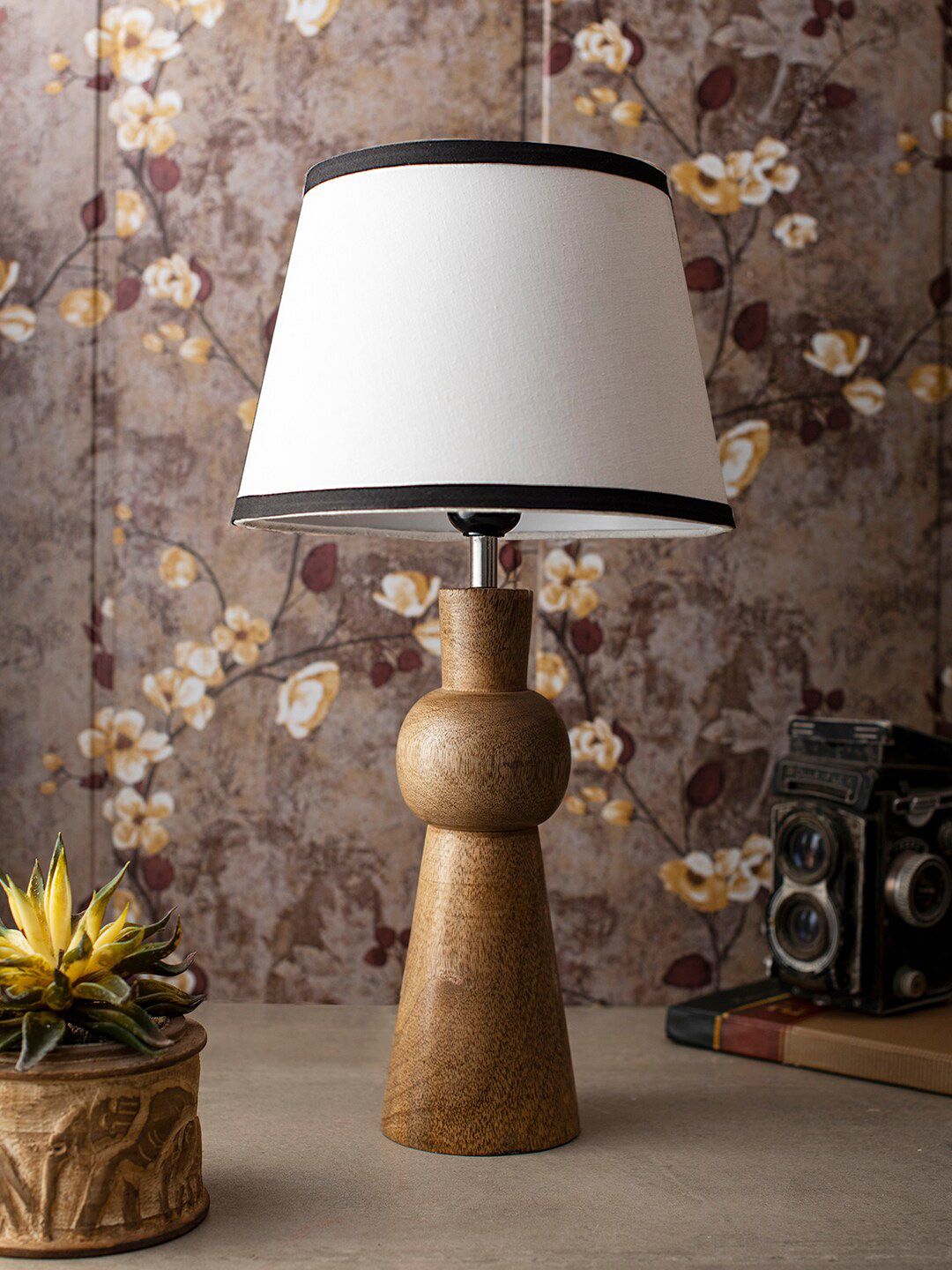 green girgit Brown & White Wooden Table Lamp with Cotton Shade Price in India