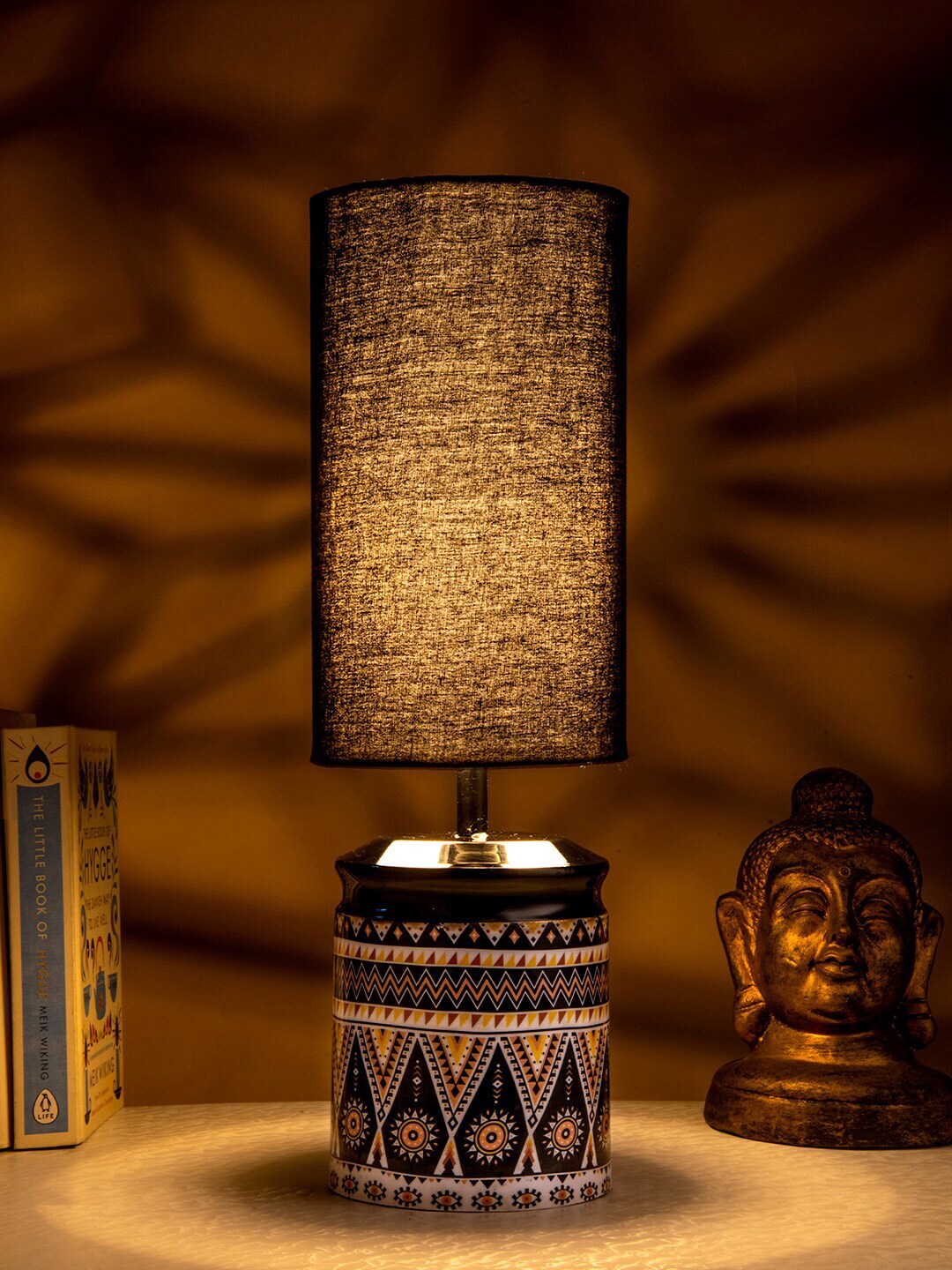 green girgit Black & White Printed Cylindrical Table Lamp With Solid Shade Price in India