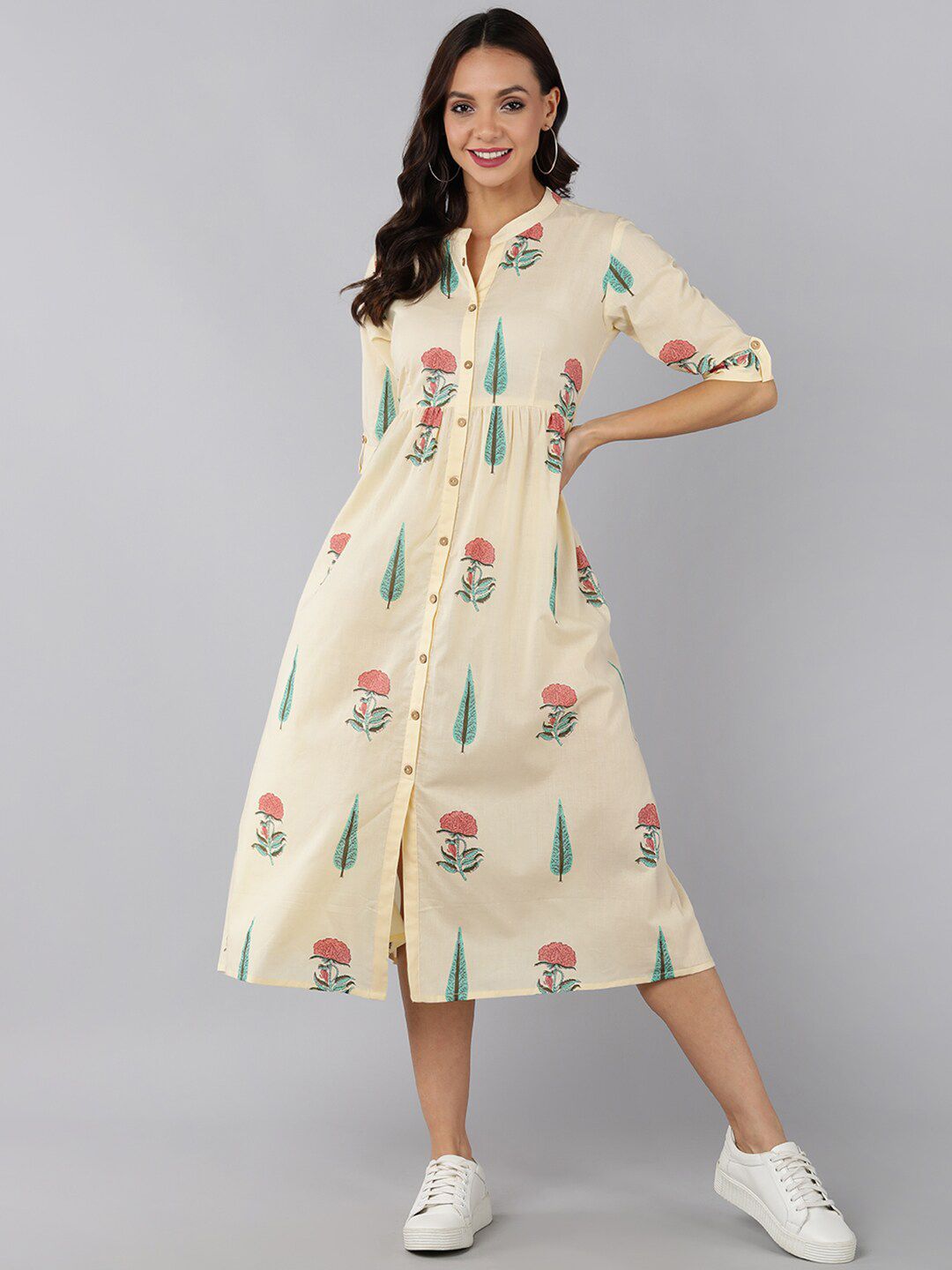 AHIKA Cream-Coloured Floral A-Line Midi Dress Price in India