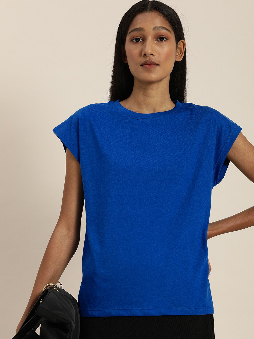 ether Women Blue Solid Round-Neck Cap-Sleeve Regular Top Price in India