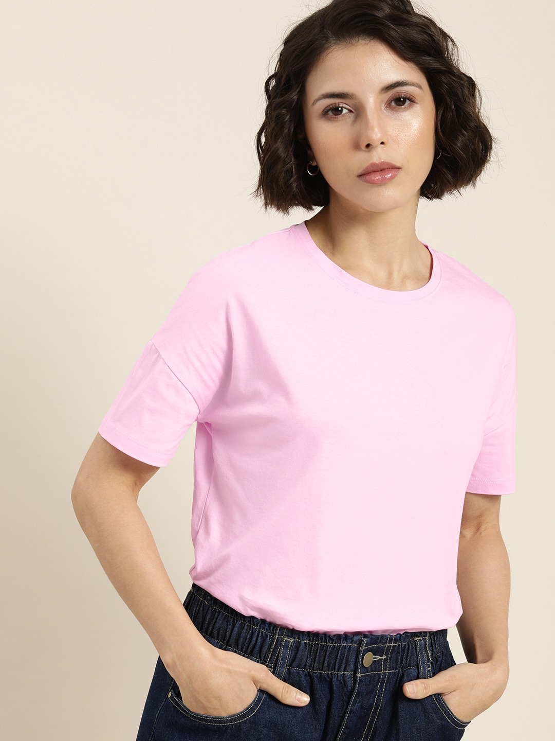 ether Women Pink Solid Round-Neck Drop-Shoulder Pure Cotton Regular Top Price in India