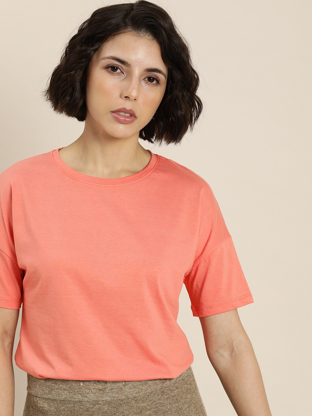 ether Women Coral Red Solid Round-Neck Drop-Shoulder Pure Cotton Regular Top Price in India