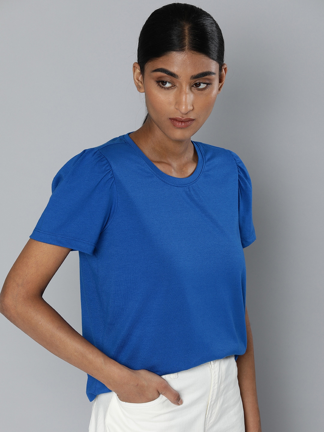ether Women Blue Solid Puff Sleeves Top Price in India