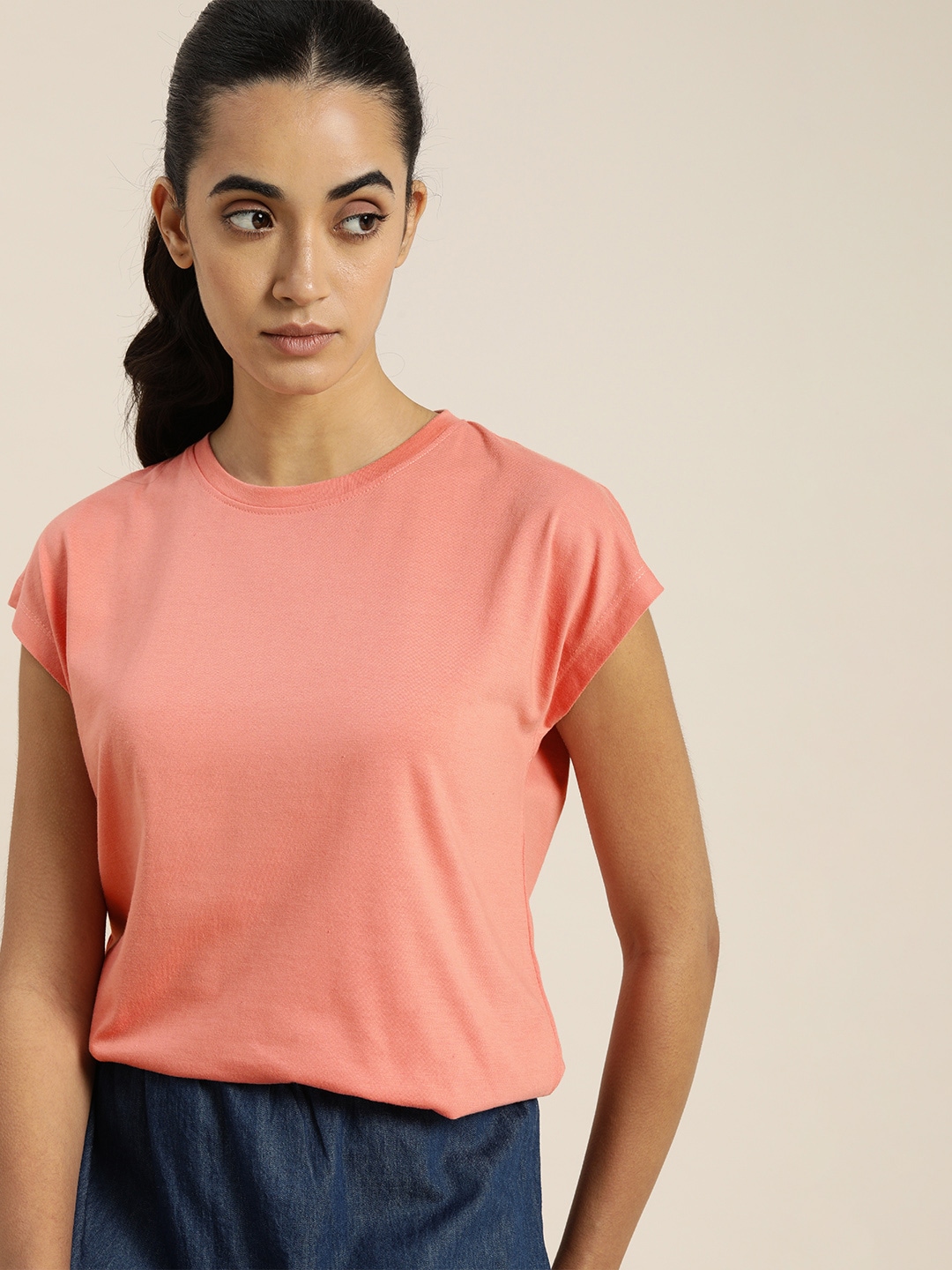ether Women Coral Orange Solid Pure Cotton Extended Sleeves Top Price in India