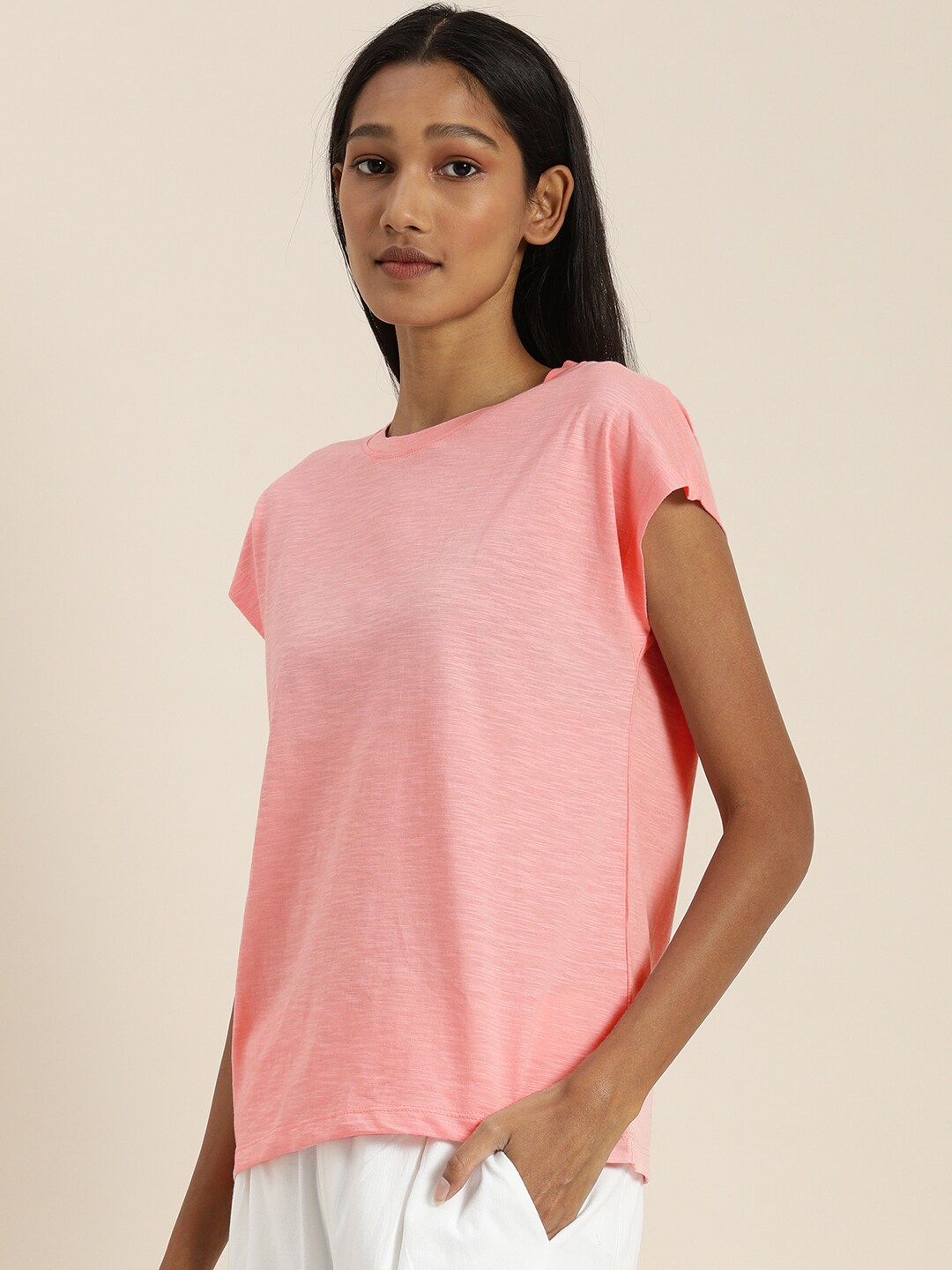 ether Women Peach-Coloured Solid Round-Neck Cap-Sleeve Regular Top Price in India