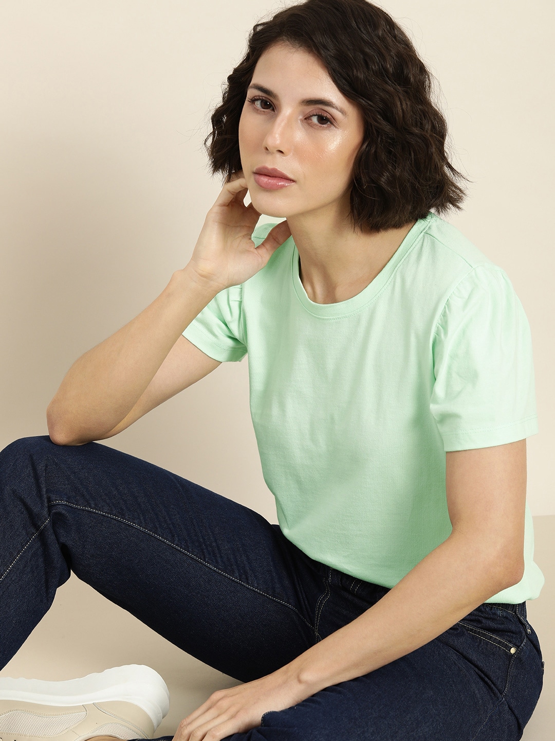 ether Women Sea Green Solid Round-Neck Regular Top Price in India