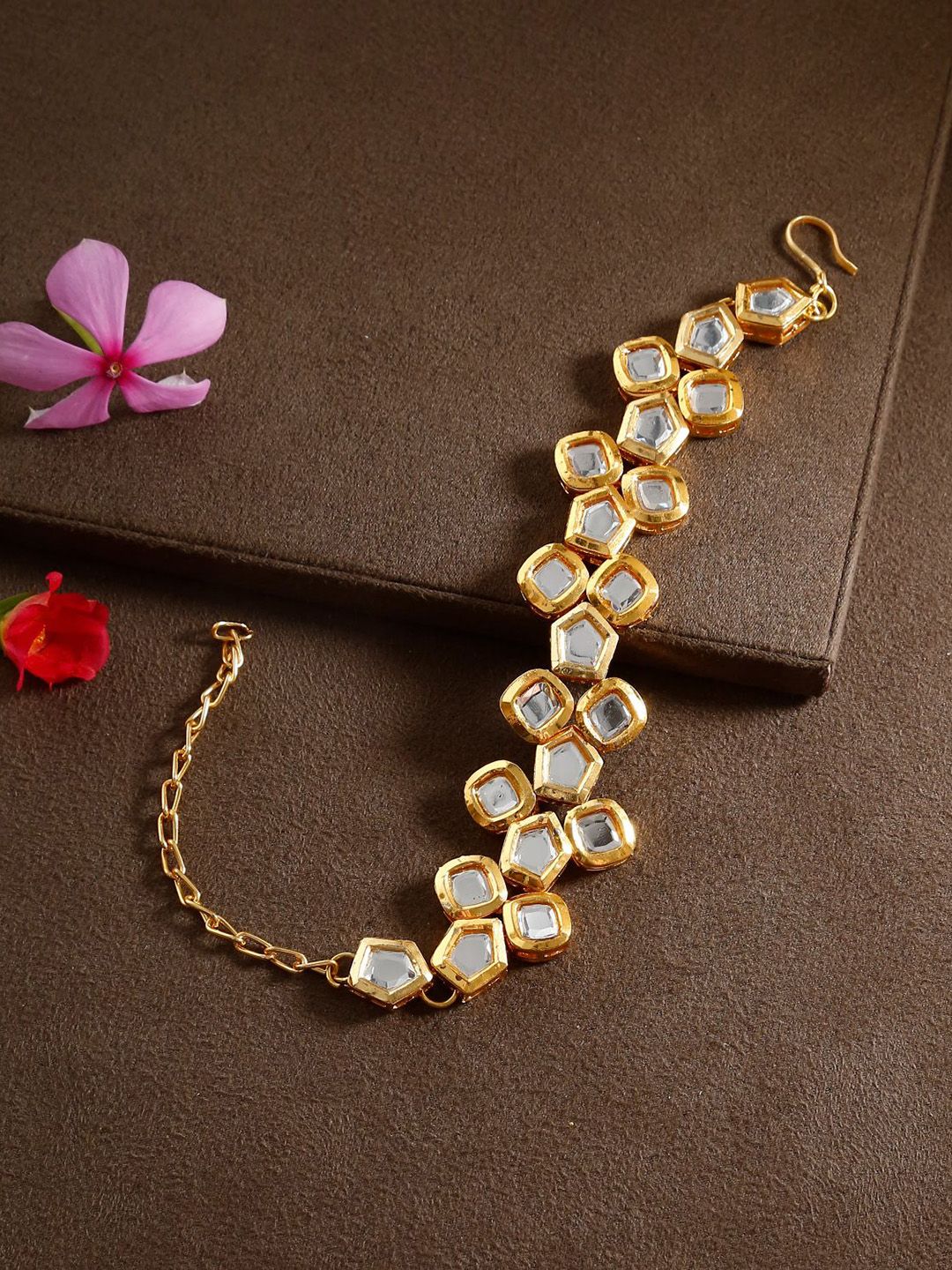 Bamboo Tree Jewels Women Gold-Toned & White Kundan Gold-Plated Link Bracelet Price in India