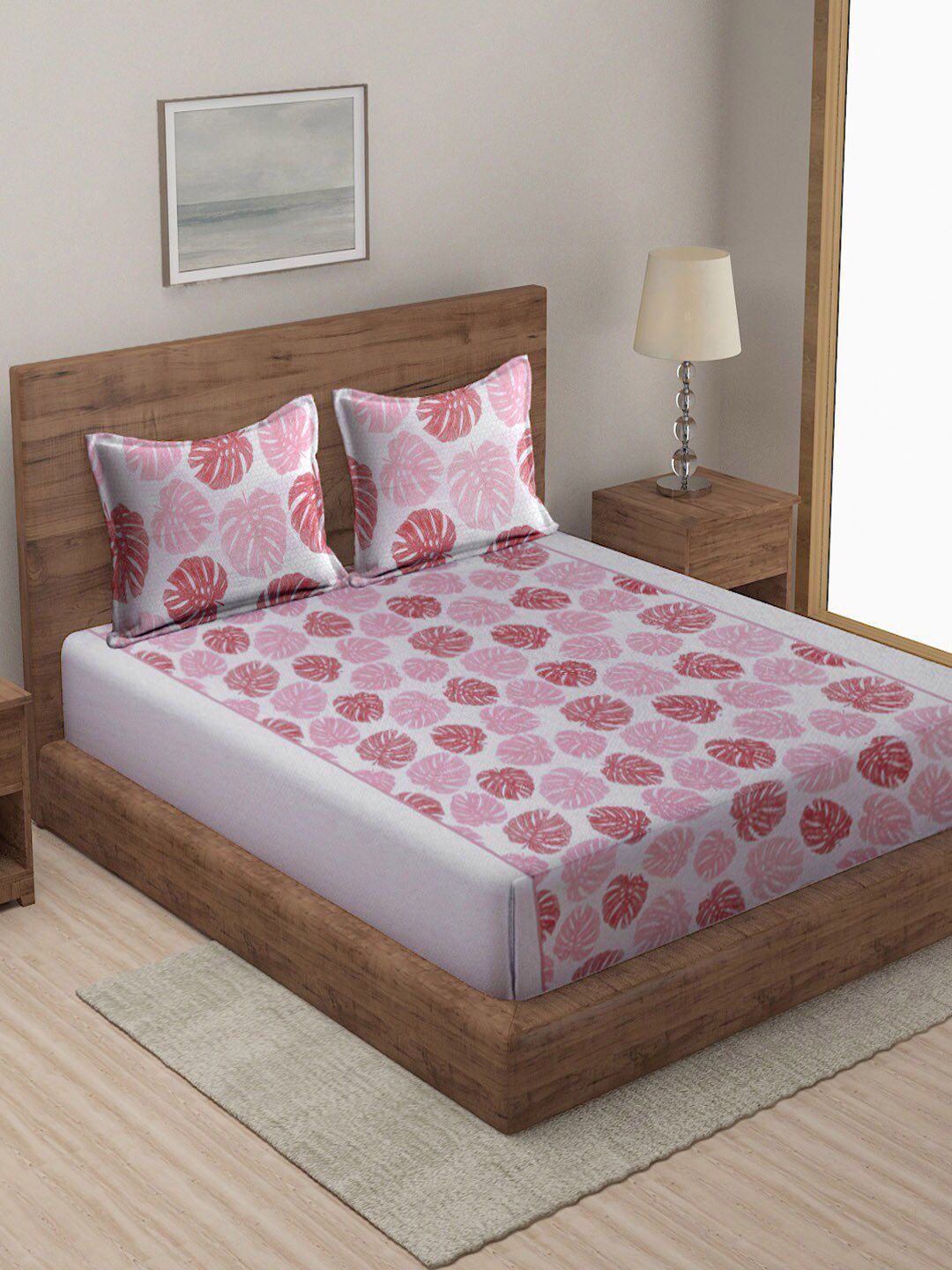 Klotthe Pink Floral Cotton 300 TC Super King Size Double Bedsheet with 2 Pillow Covers Price in India