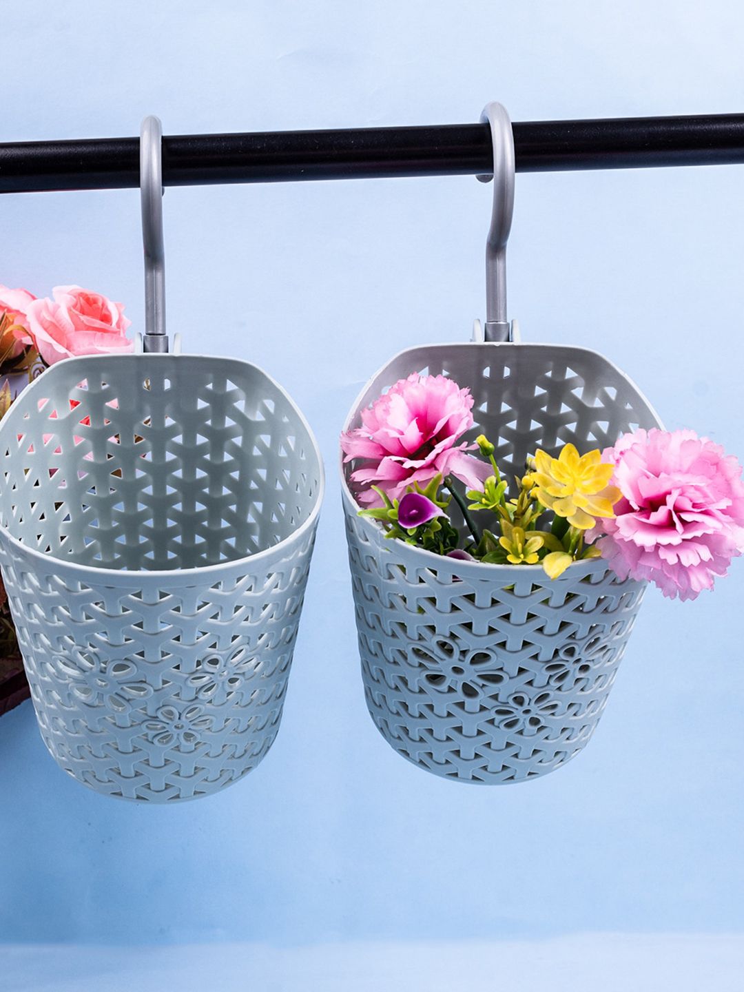 MARKET99 Set Of 2 Grey Plastic Basket With Hook Price in India