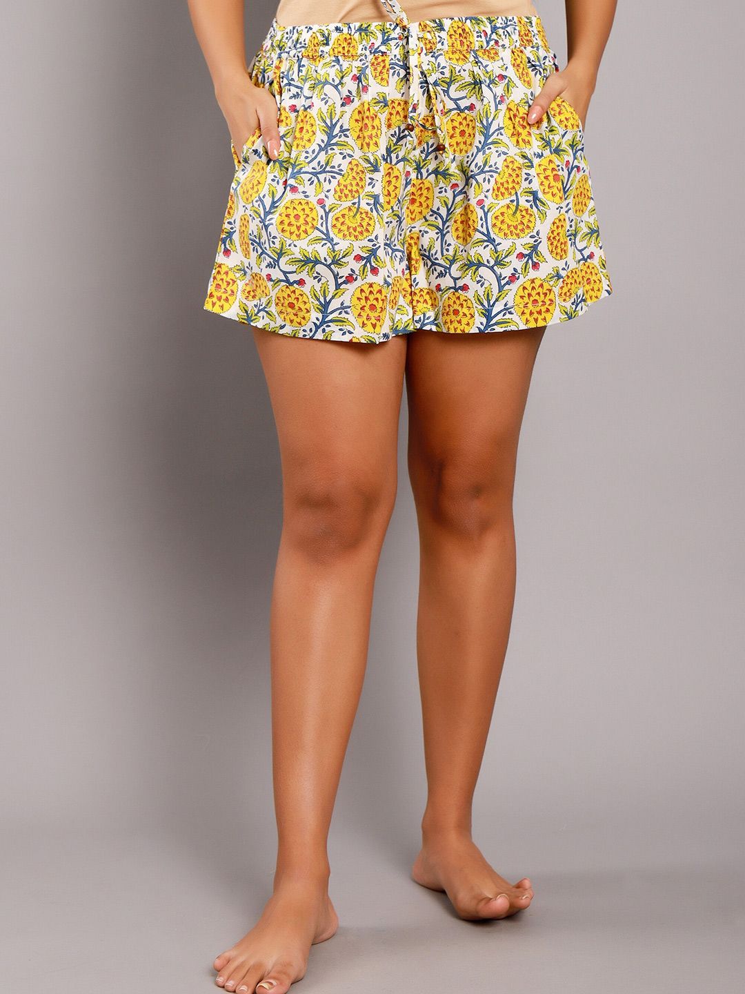 GAURANCHE Women Yellow & White High-Rise Printed Lounge Shorts Price in India