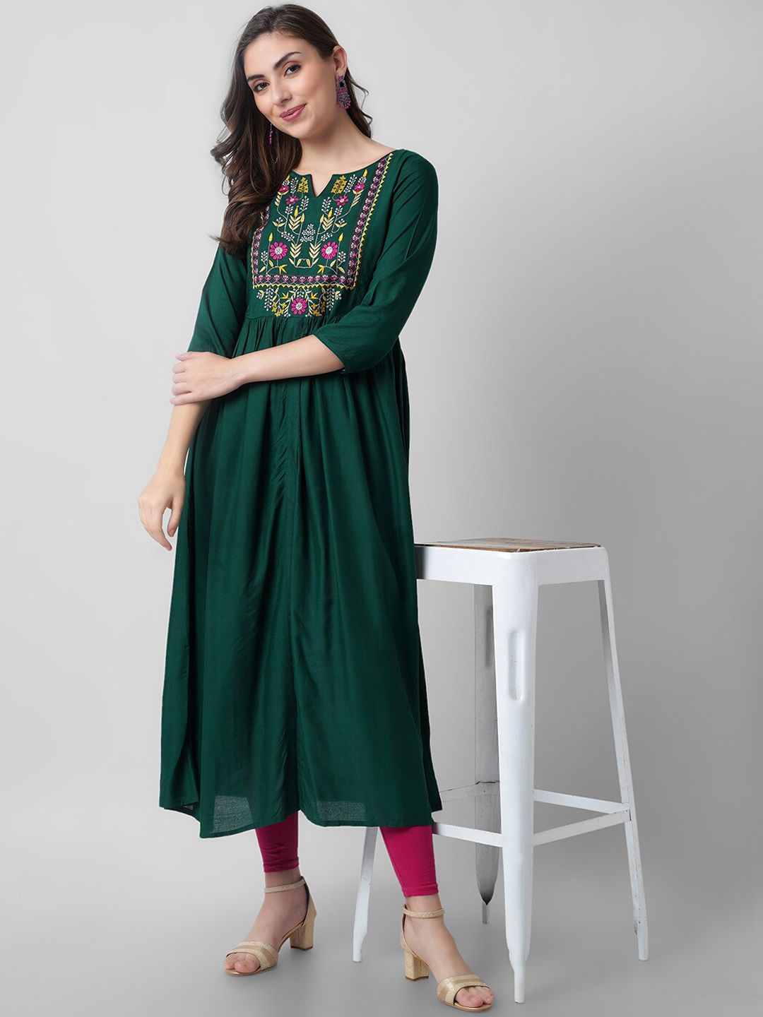 KALINI Women Green Embroidered Flared Sleeves Thread Work Handloom Anarkali Kurta Price in India