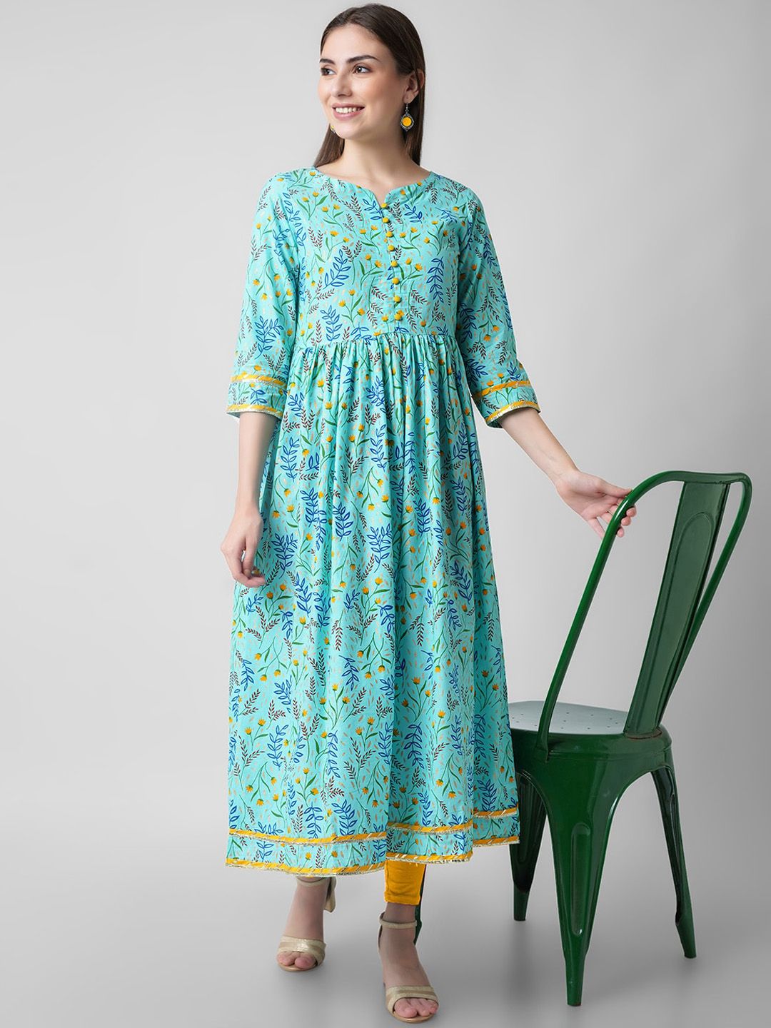 KALINI Women Sea Green Ethnic Motifs Dyed Handloom Anarkali Kurta Price in India