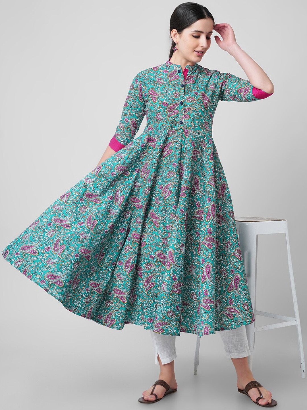 KALINI Women Blue Floral Printed Thread Work Handloom Anarkali Kurta Price in India