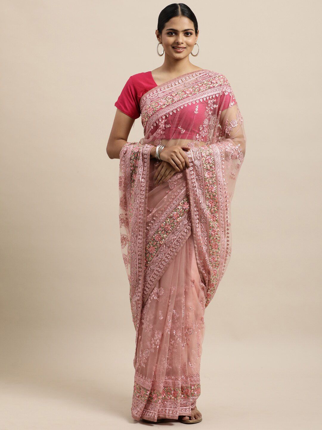 kasee Pink Floral Embroidered Net Saree