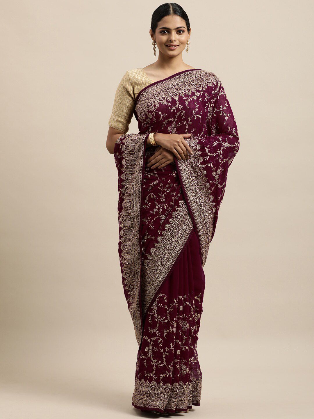 kasee Red & Gold-Toned Floral Embroidered Pure Georgette Saree