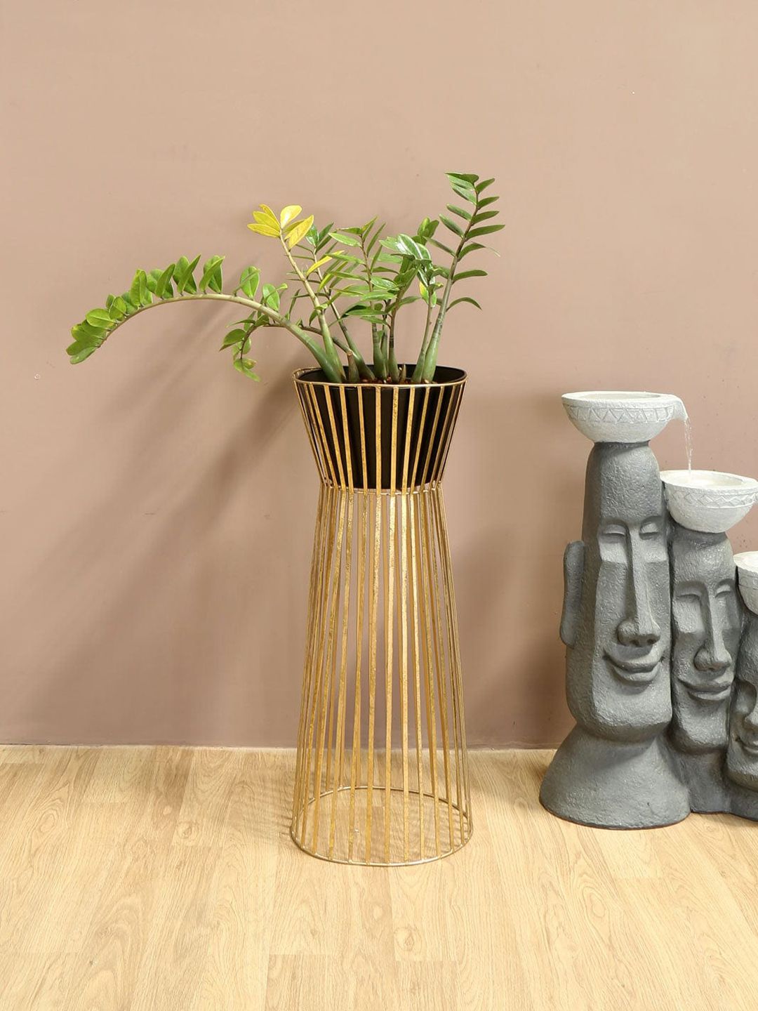 Athome by Nilkamal Black & Gold Toned Solid Planter With Open Stand Price in India