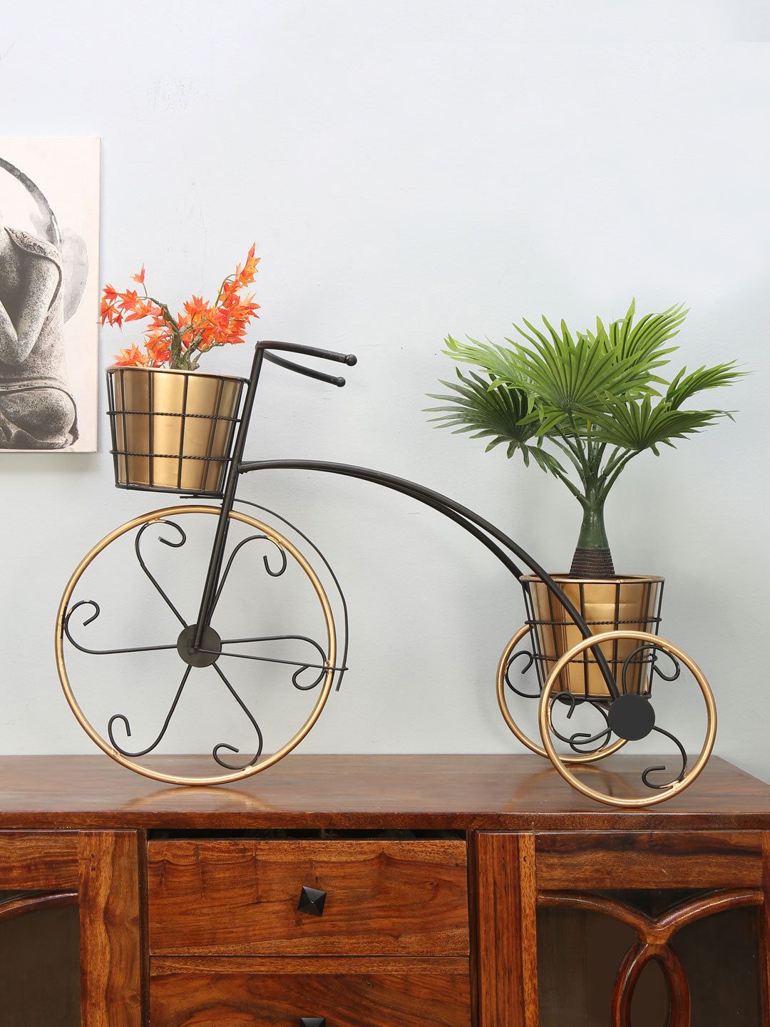 Athome by Nilkamal Gold-Toned & Black Solid Metal Planter 2 Pots Tricycle Price in India