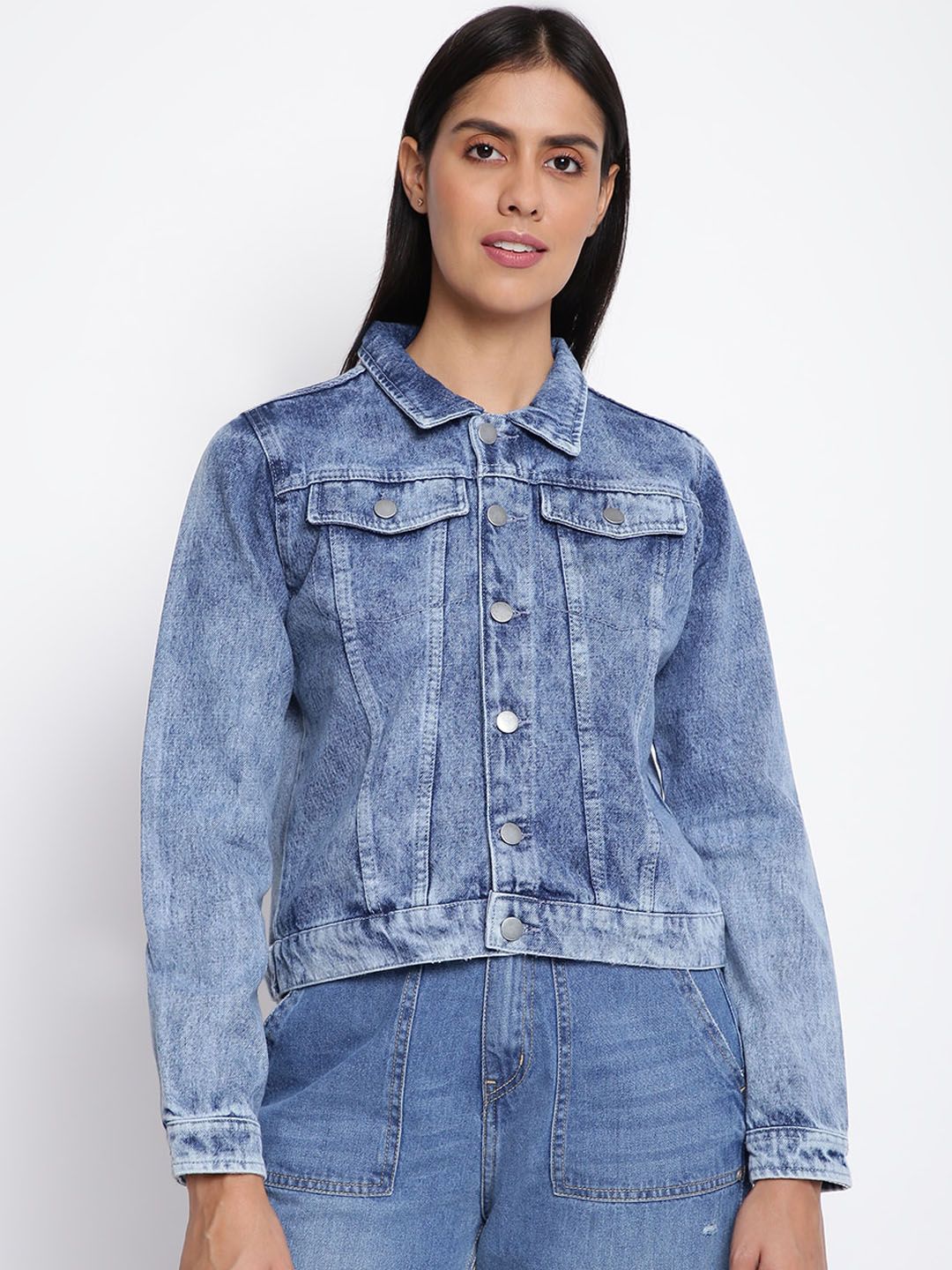 TALES & STORIES Women Blue Washed Crop Outdoor Denim Jacket Price in India