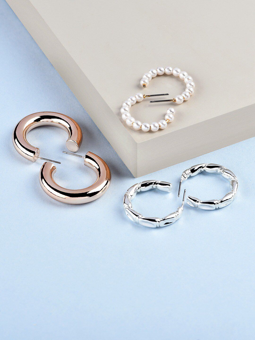 AMI Set Of 3 Rose Gold, Silver & Gold Tone Semi-Hoop Earrings Price in India