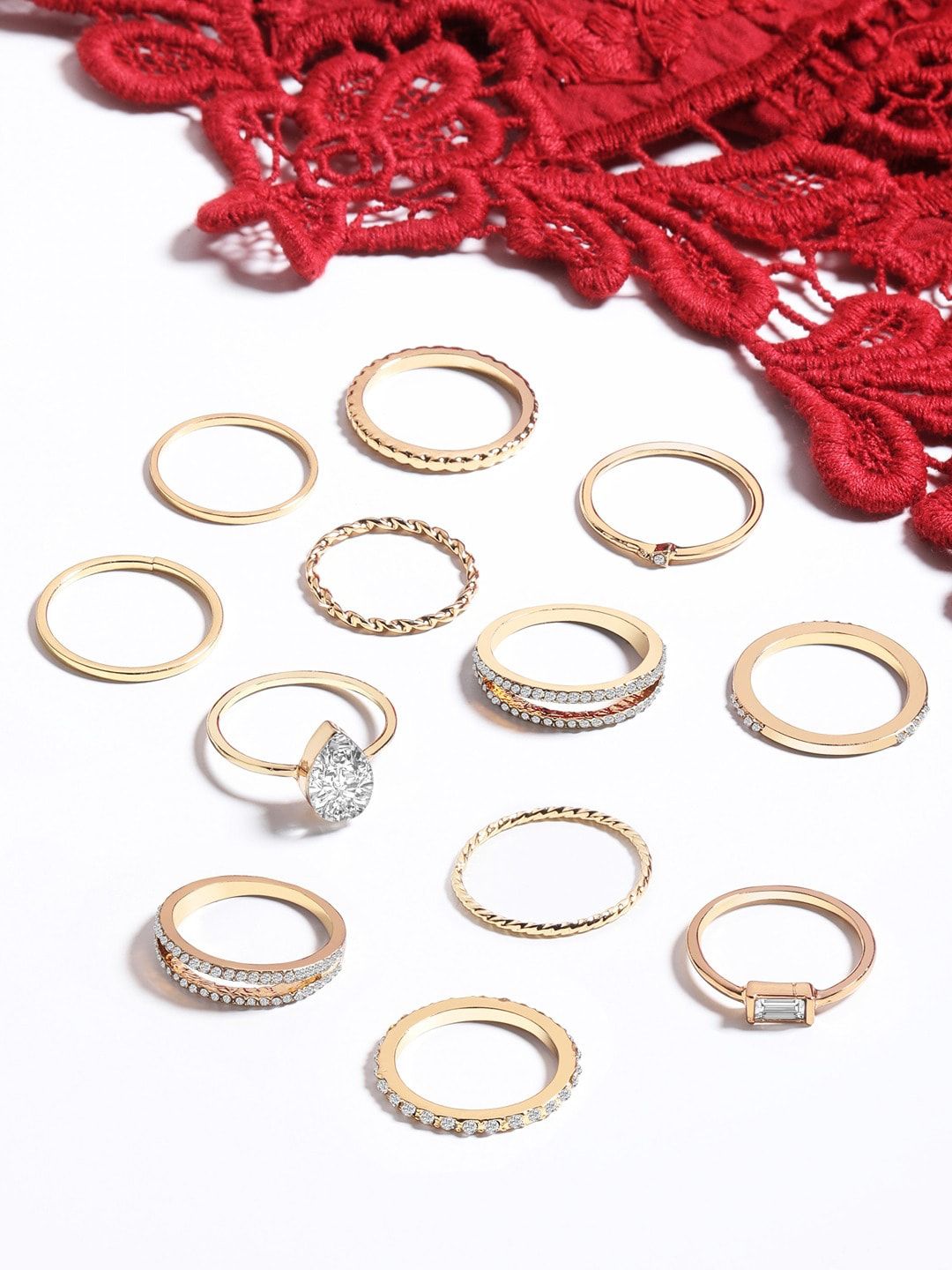 AMI Women Set Of 12 Gold Plated Stone Studded Finger Ring Price in India