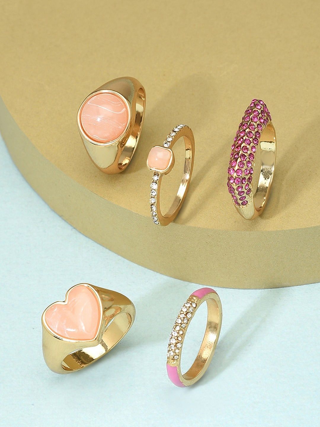 AMI Set of 5 Gold-Plated Pink & White Stone Studded Finger Ring Price in India