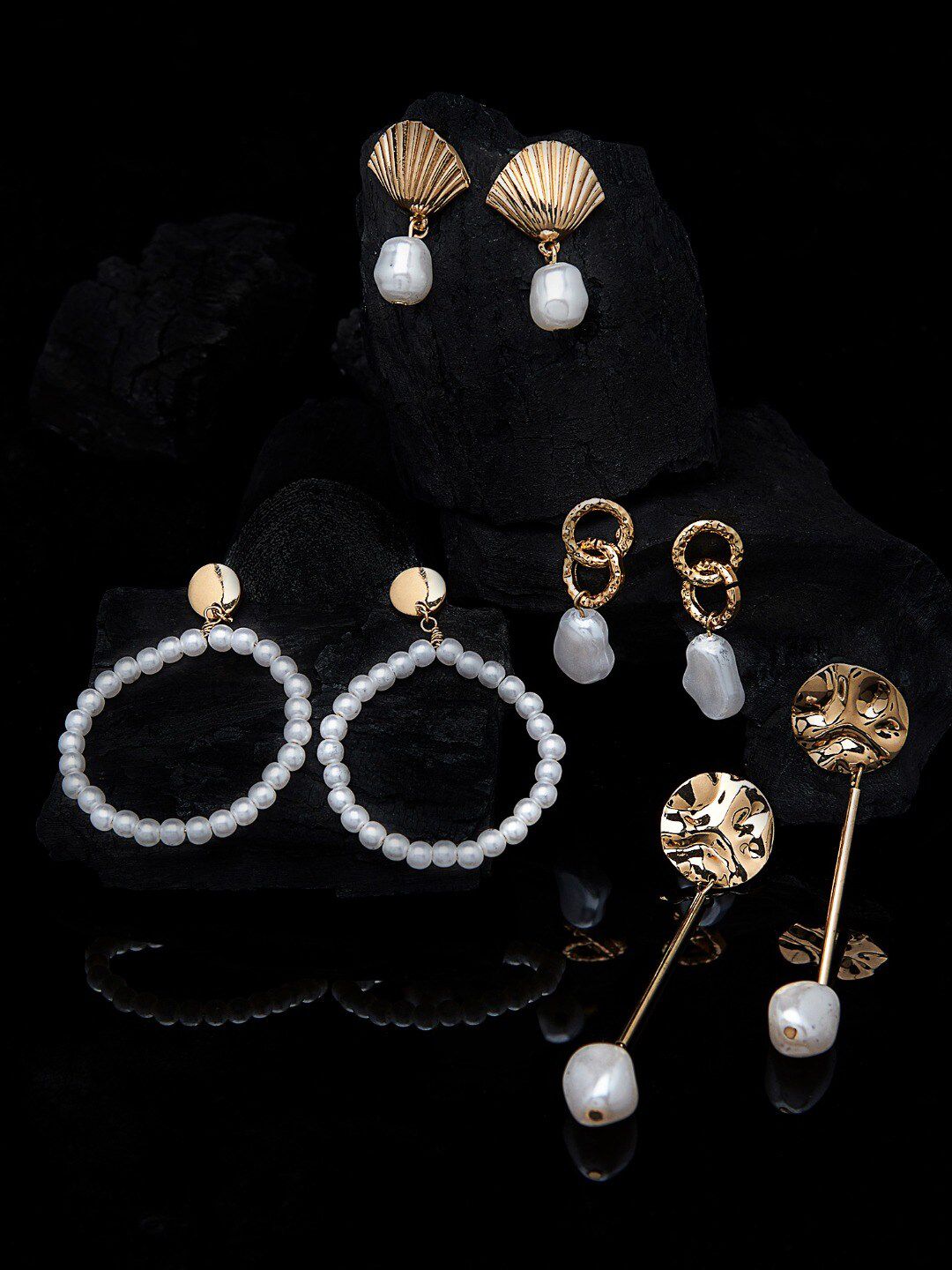 AMI Set Of 4 Gold Tone Contemporary Pearls Drop & Dangle Earrings Price in India