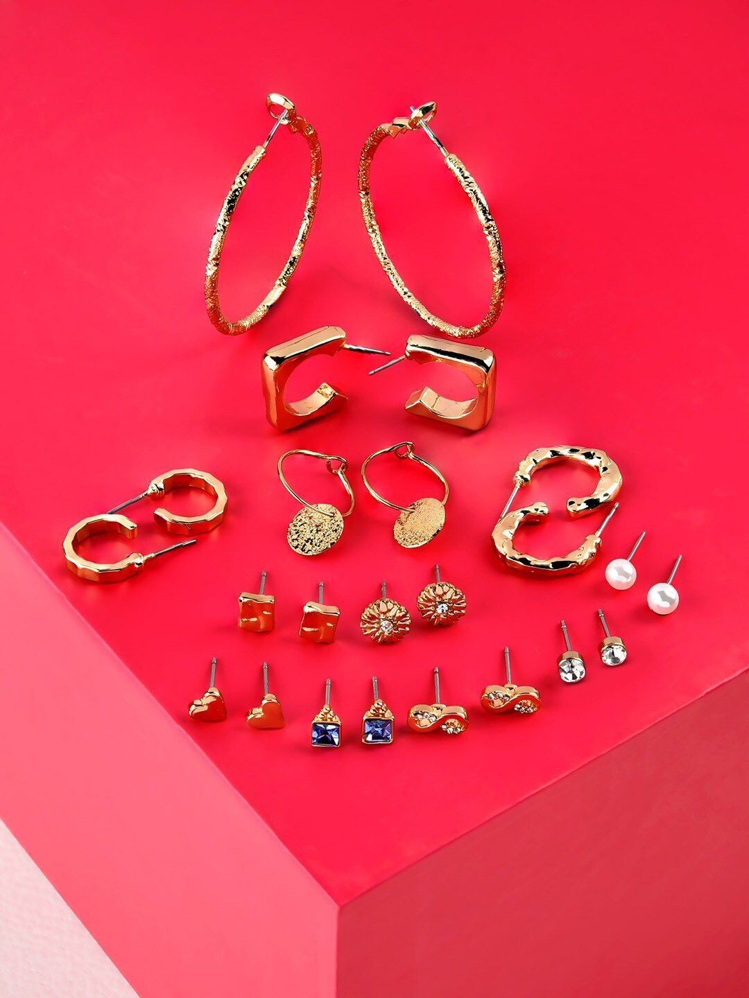 AMI Set Of 12 Gold Tone Contemporary Studs & Hoop Earrings Price in India