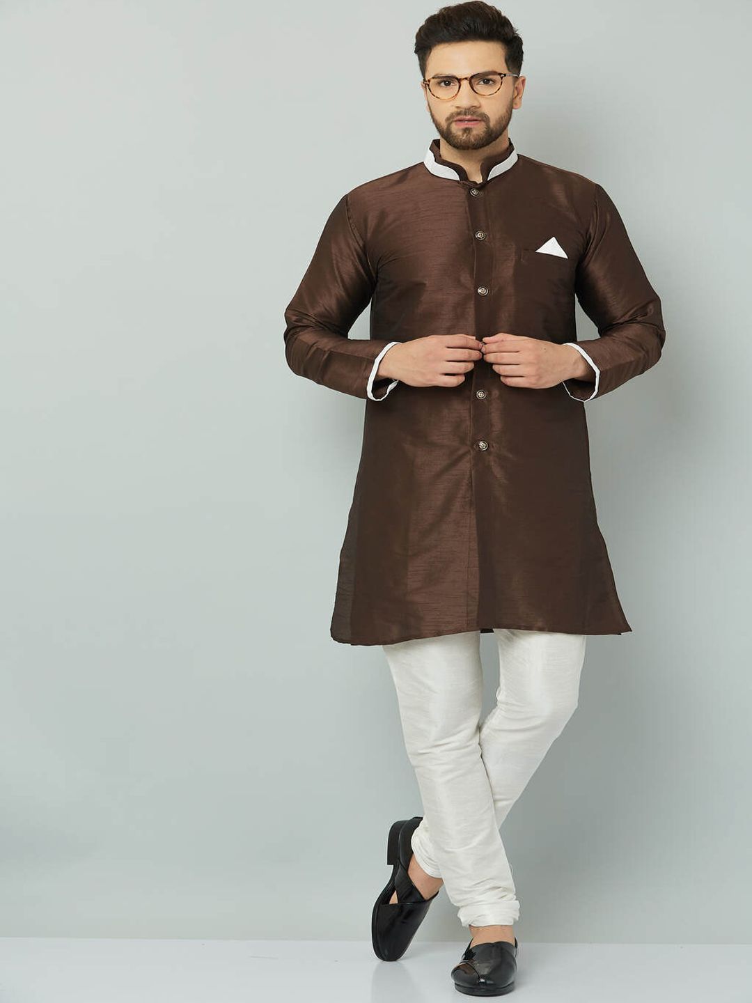 Kaifoo Men Brown & White  Solid Sherwani