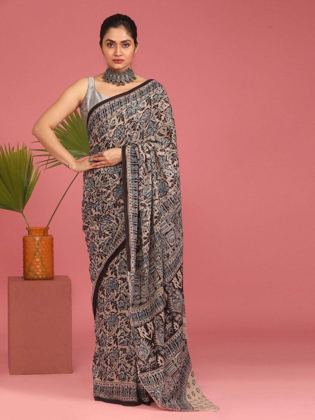 Indethnic Grey & Black Kalamkari Pure Cotton Block Print Saree