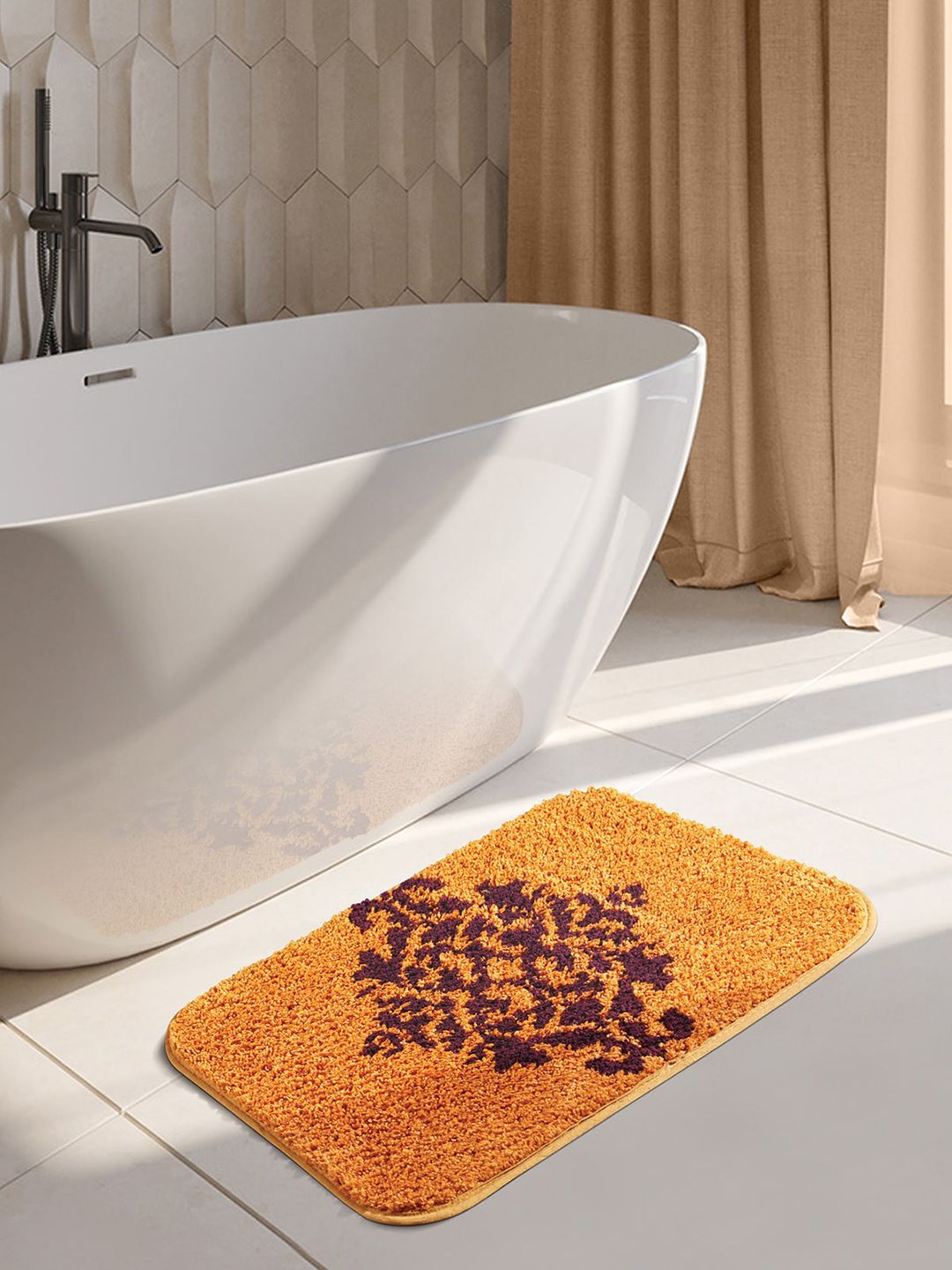 OBSESSIONS Mustard Yellow Ethnic Bath Anti-Skid Polyester Bath Mat Price in India
