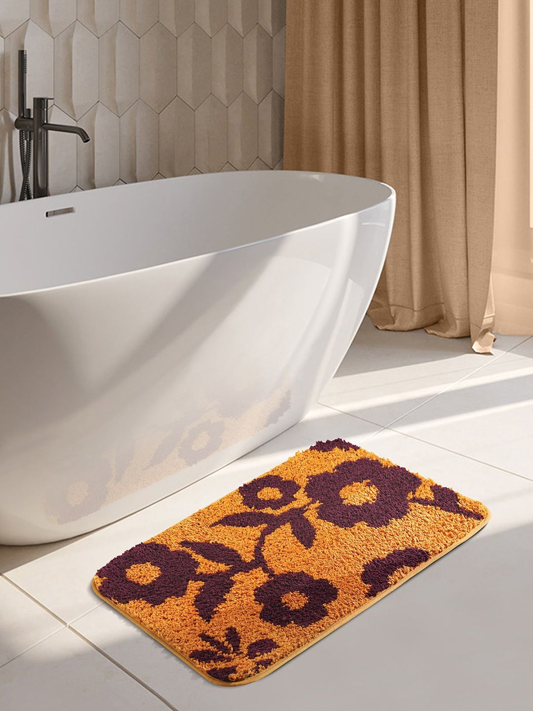 OBSESSIONS Mustard-Yellow & Brown 1400 GSM Anti-Skid Bath Rug Price in India