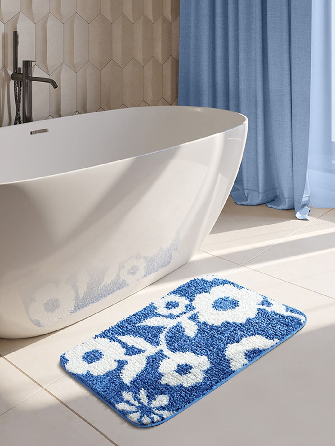 OBSESSIONS Blue & White 1400 GSM Anti-Skid Bath Rug Price in India