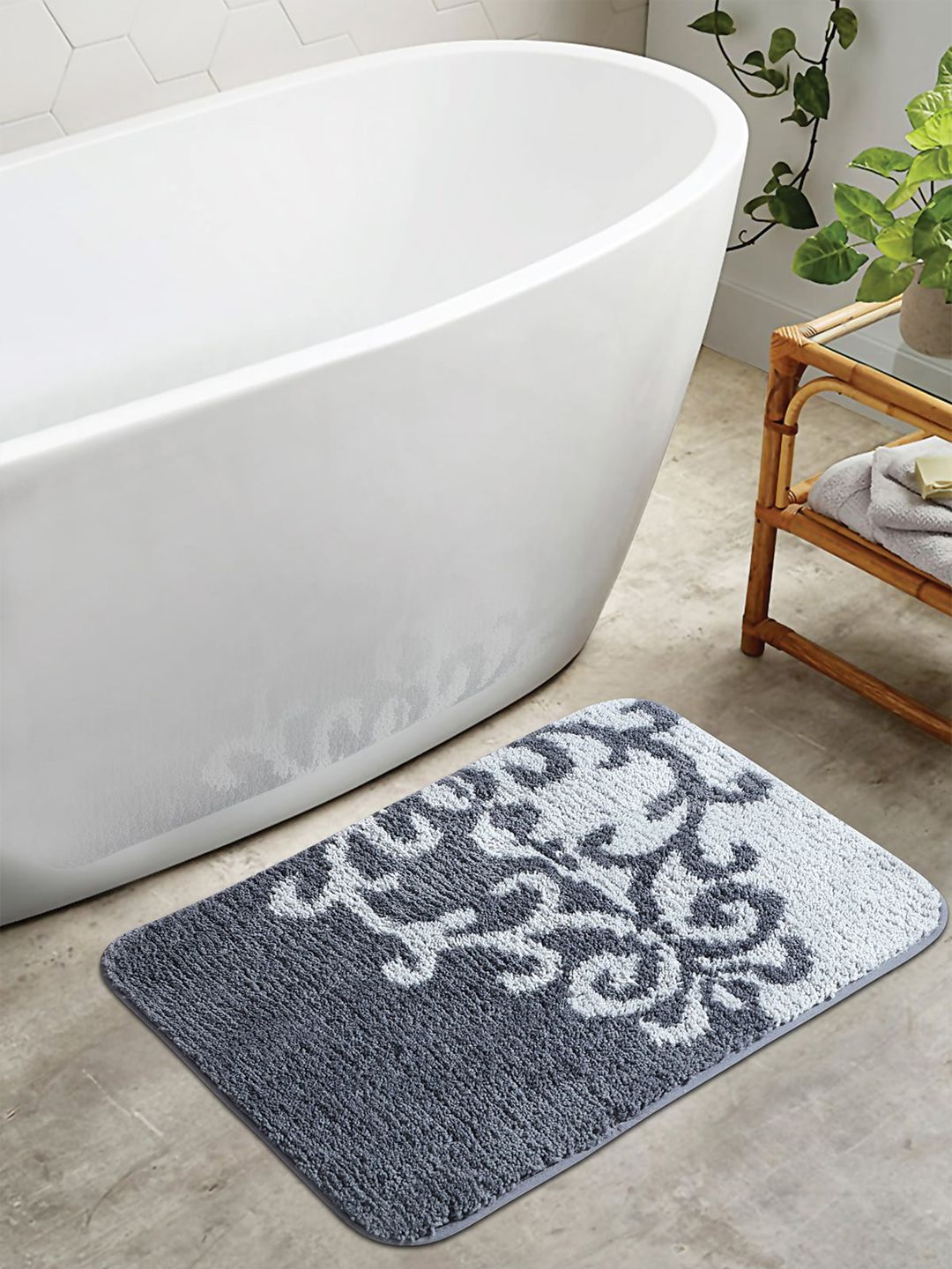 OBSESSIONS Grey Printed 1400 GSM Anti-Skid Bath Rug Price in India