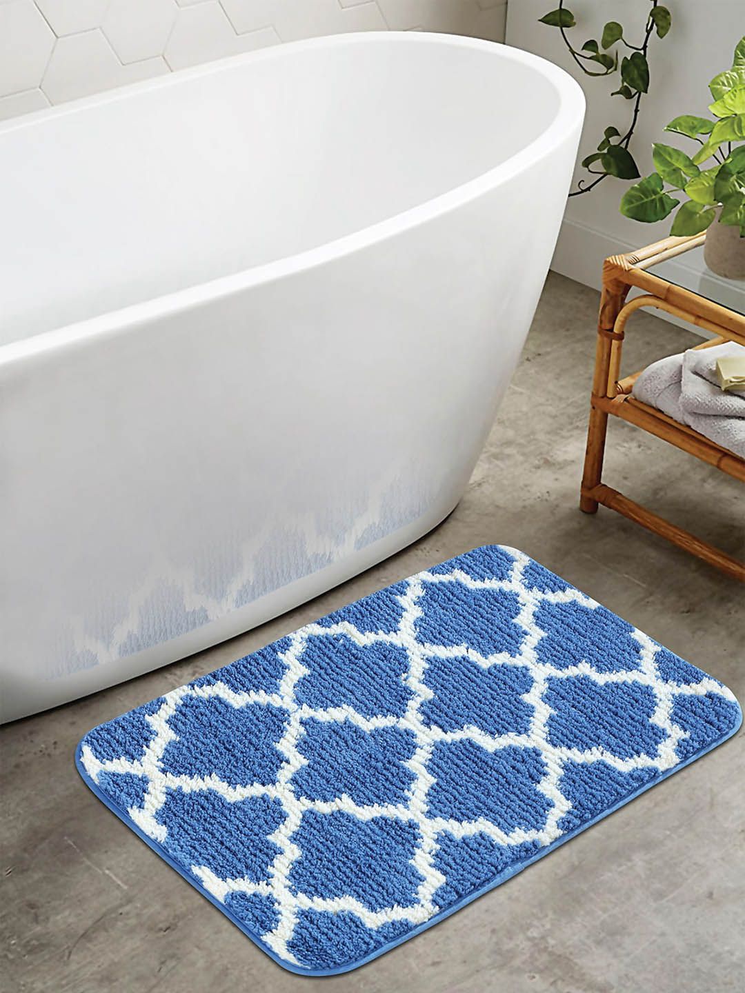 OBSESSIONS Blue & White Printed 1400 GSM Anti-Skid Bath Rug Price in India